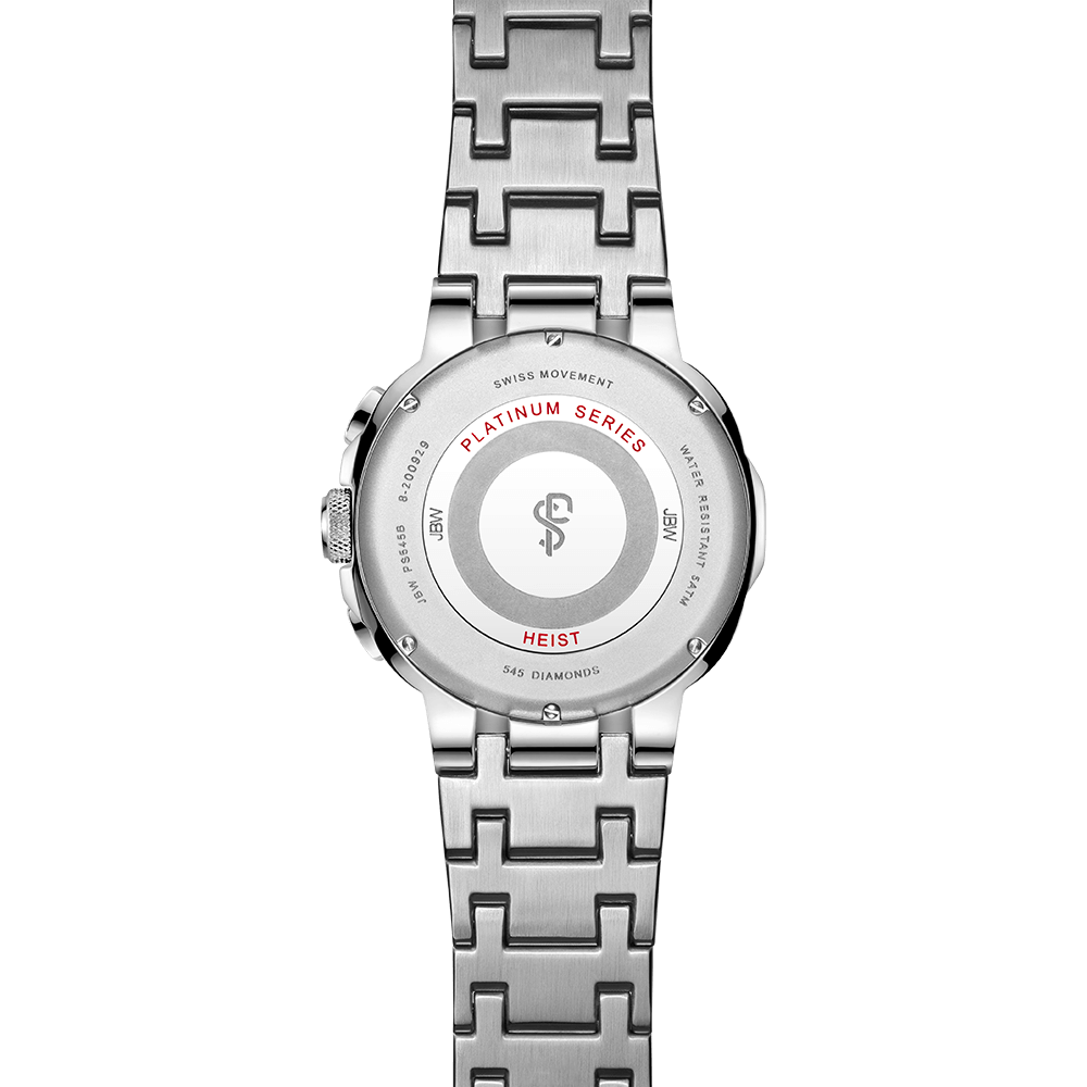 The back of the Heist PS | PS545B by JBW Watches features engraved text—PLATINUM SERIES, SWISS MOVEMENT, HEIST, 5A5 DIAMONDS—and a central logo on its silver chronograph with stainless steel bracelet.