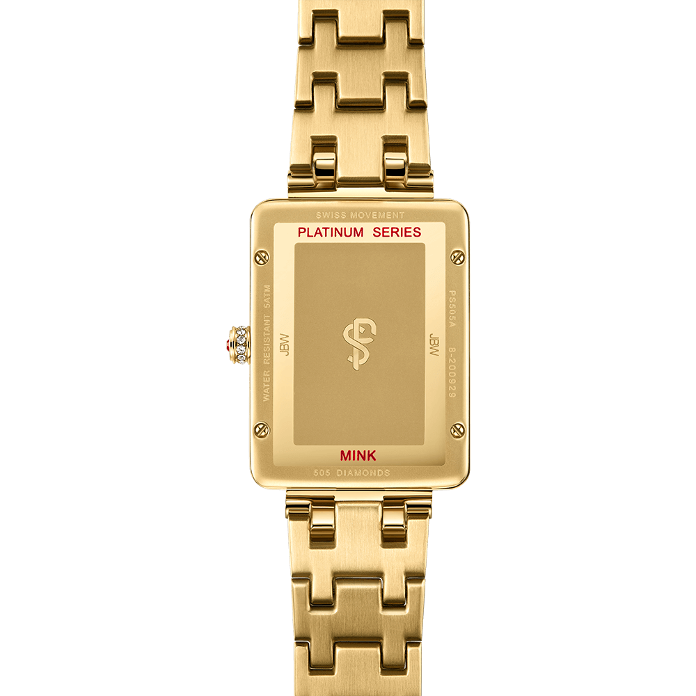 A gold rectangular JBW Watches Mink PS | PS505A wristwatch seen from the back, showing PLATINUM SERIES in red, brand logos, engraved details on its 18K gold-plated case, and a matching gold link band.