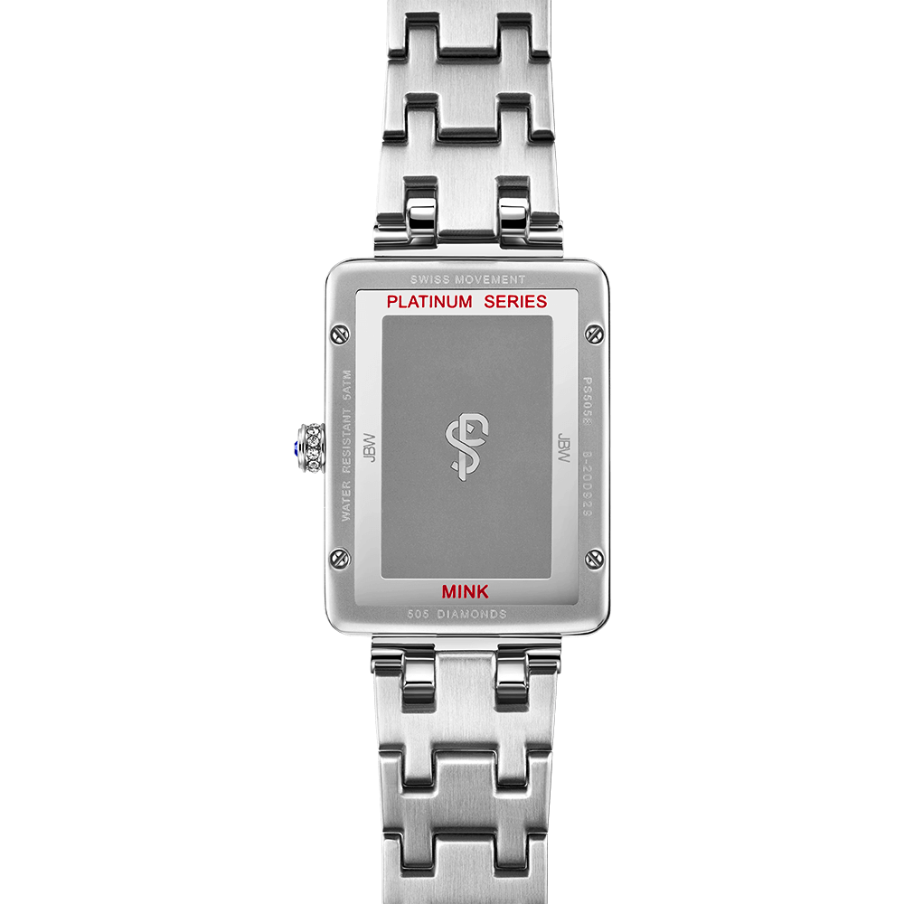 A close-up of the back of a rectangular JBW Watches Mink PS | PS505B, part of the Platinum Series, featuring a silver metal band. The back is engraved with PLATINUM SERIES, MINK, and other specifications.