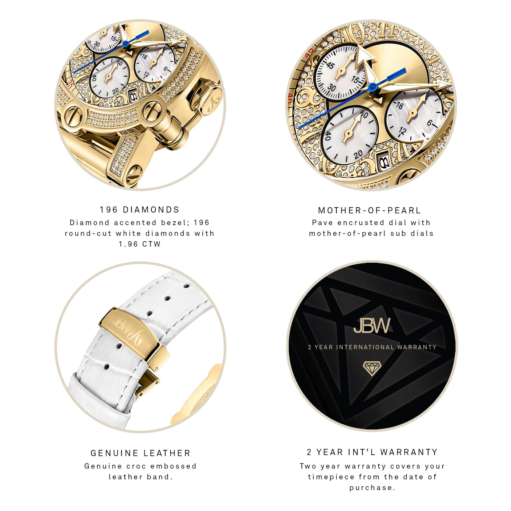Four circular images showcase features of the JBW Watches Phantom (JB-6215-196-A): diamond-accented bezel, mother-of-pearl dial, white embossed leather band, and a 2-year international warranty badge.