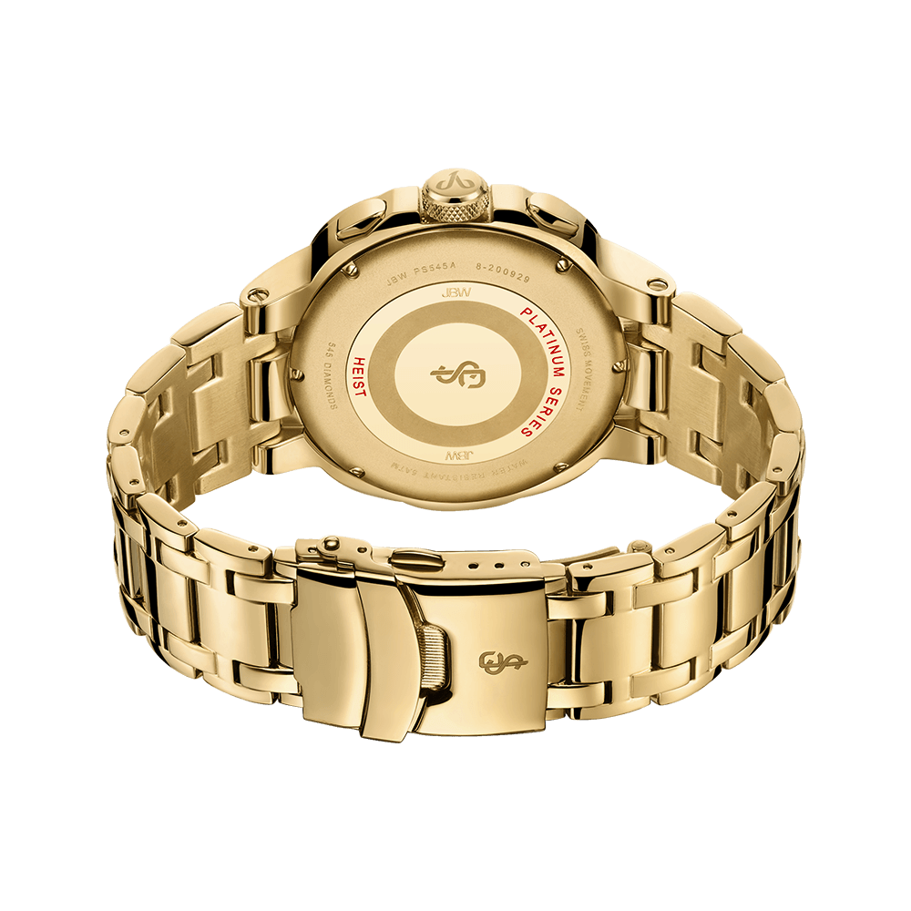 The Heist PS | PS545A by JBW Watches features a gold-plated stainless steel back view, highlighting its closed clasp and engraved round case back marked with "PLATINUM SERIES" and serial numbers.