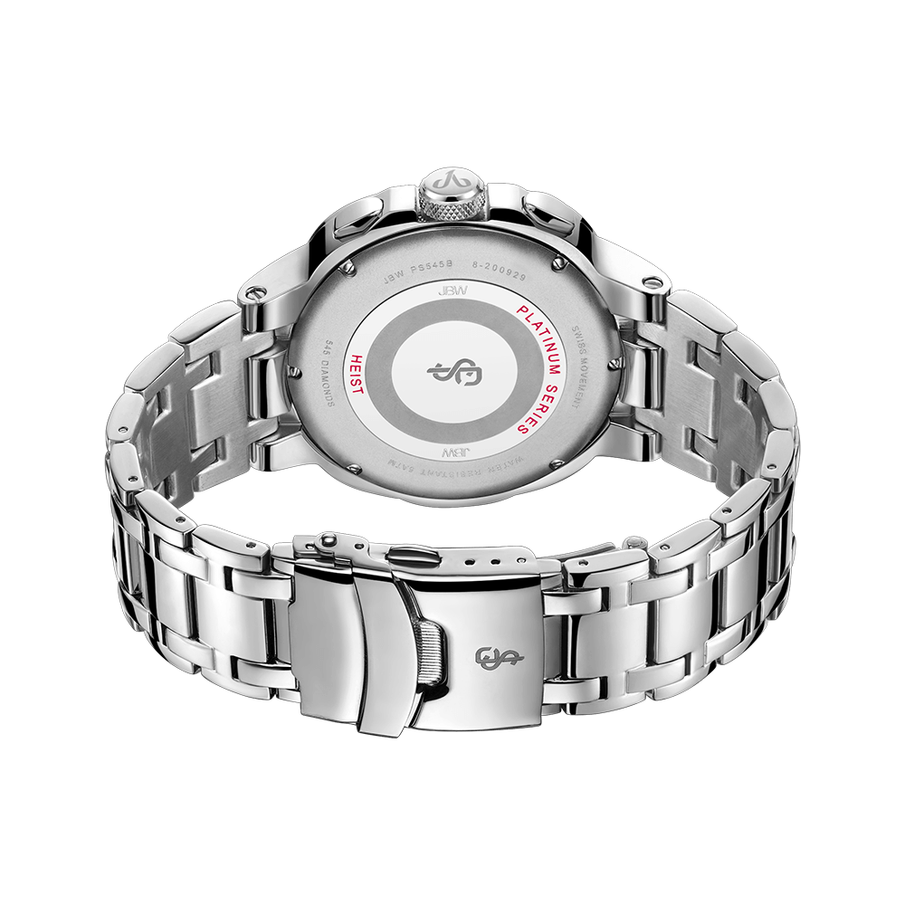 The back of the Heist PS | PS545B by JBW Watches is shown, featuring a stainless steel bracelet, clasp, and case back engraved with “PLATINUM SERIES” and branding. The crown and pushers are also visible.