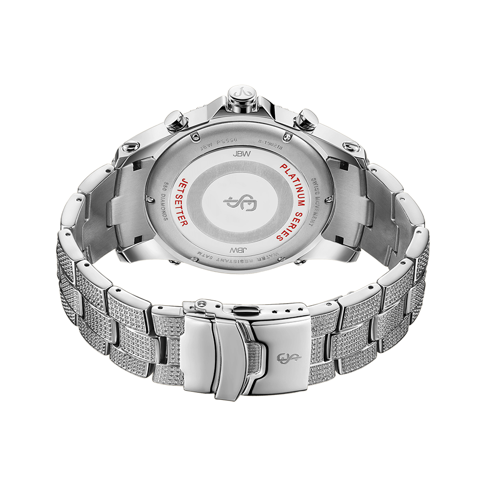 A close-up of the back of the silver JBW Watches Jet Setter PS | PS550B wristwatch with a metal link band, engraved markings, Swiss movement details, and PLATINUM SERIES and JETSETTER in red on the case.