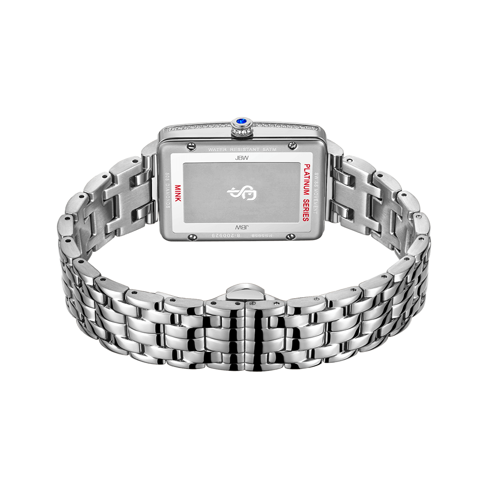 A close-up of the JBW Watches Mink PS | PS505B shows its rectangular case back engraved with "PLATINUM SERIES," silver metal link bracelet, and a blue gemstone on the crown, enhancing this elegant timepiece.