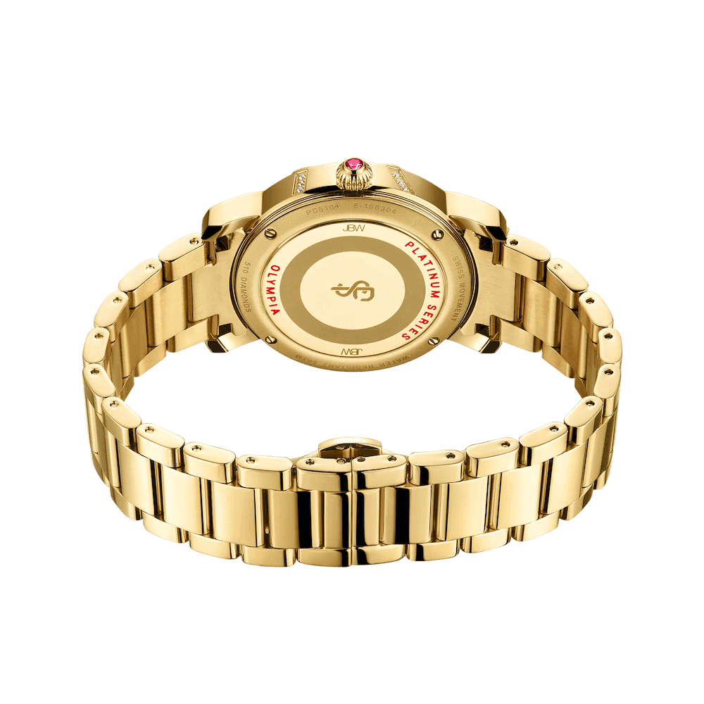 A JBW Olympia PS | PS510A gold-plated wristwatch viewed from the back, featuring a round engraved case, link bracelet, and a red jewel-accented crown, all set against a plain white background.