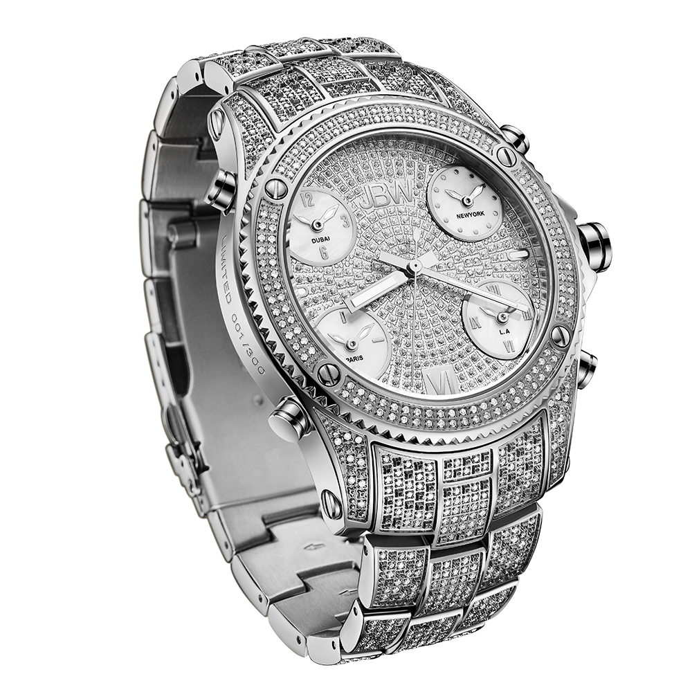 The JBW Watches Jet Setter PS | PS550B is a luxury timepiece with Swiss movement, diamond-encrusted face, bezel, and bracelet. It features three subdials and a sleek metal link band for a sophisticated style.