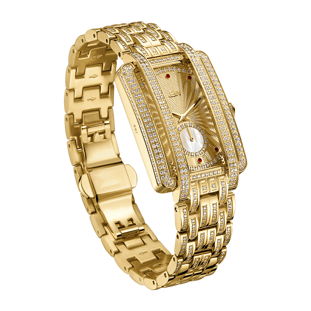 The Mink PS | PS505A by JBW Watches features an 18K gold-plated rectangular case, diamond-encrusted bezel and bracelet, gold links, red dial accents, and a white subdial, creating a luxurious and striking timepiece.