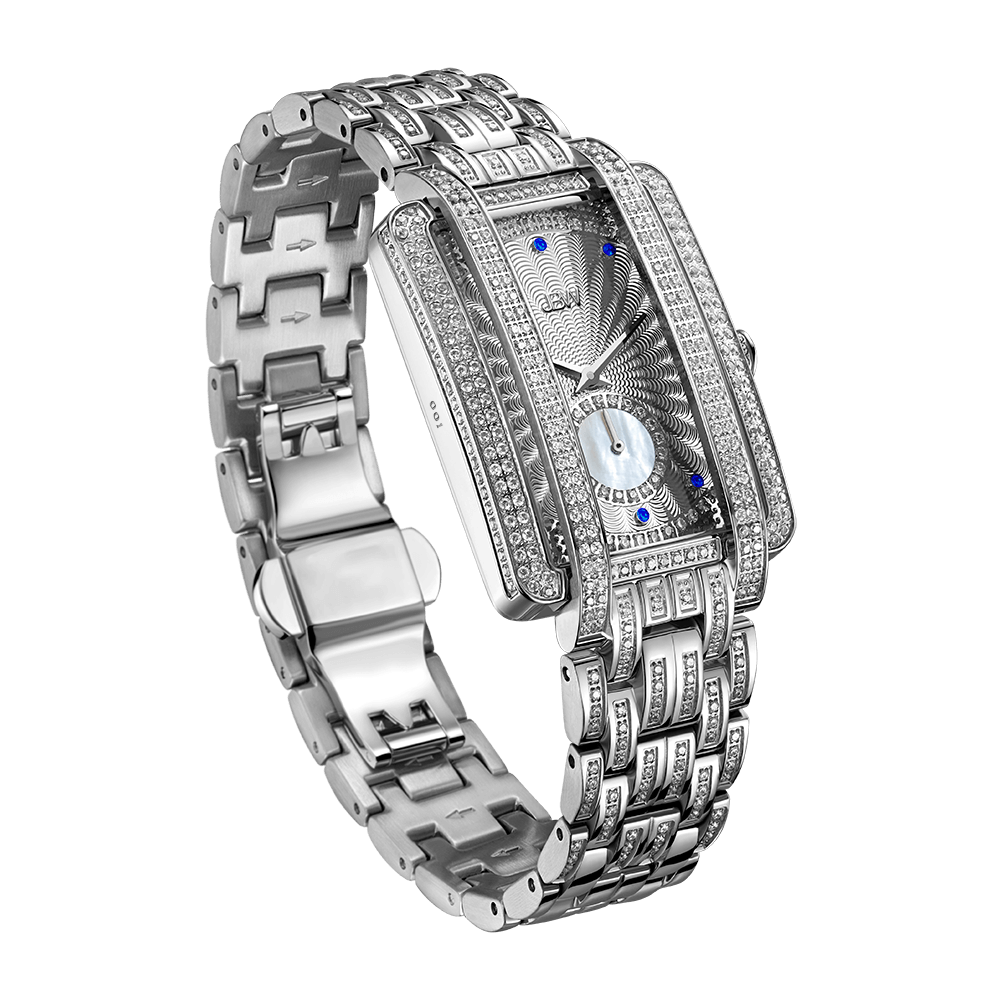 The JBW Watches Mink PS | PS505B is a luxurious diamond watch with a rectangular case, diamond-studded face and band, blue hour markers, and a textured dial, shown against a plain white background.