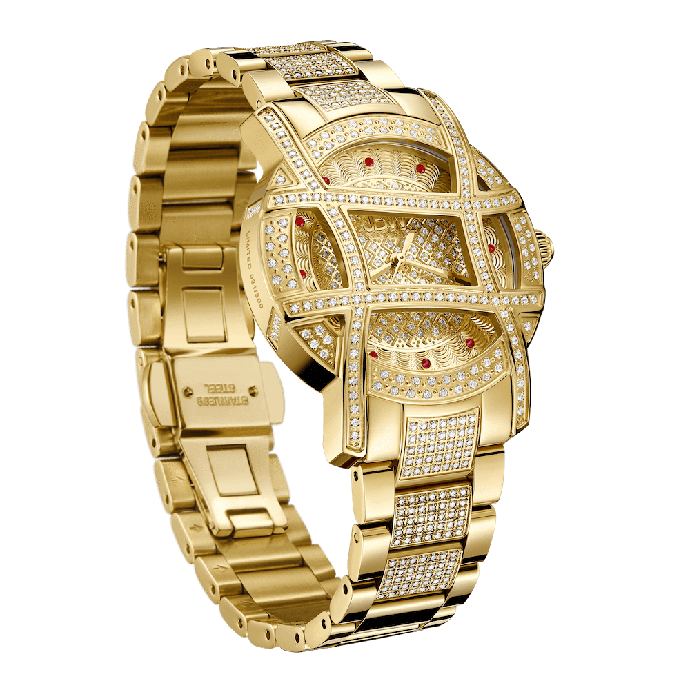 The JBW Olympia PS | PS510A is an 18K gold-plated diamond watch featuring red gemstones, a geometric design on the face and band, and a polished metal finish.