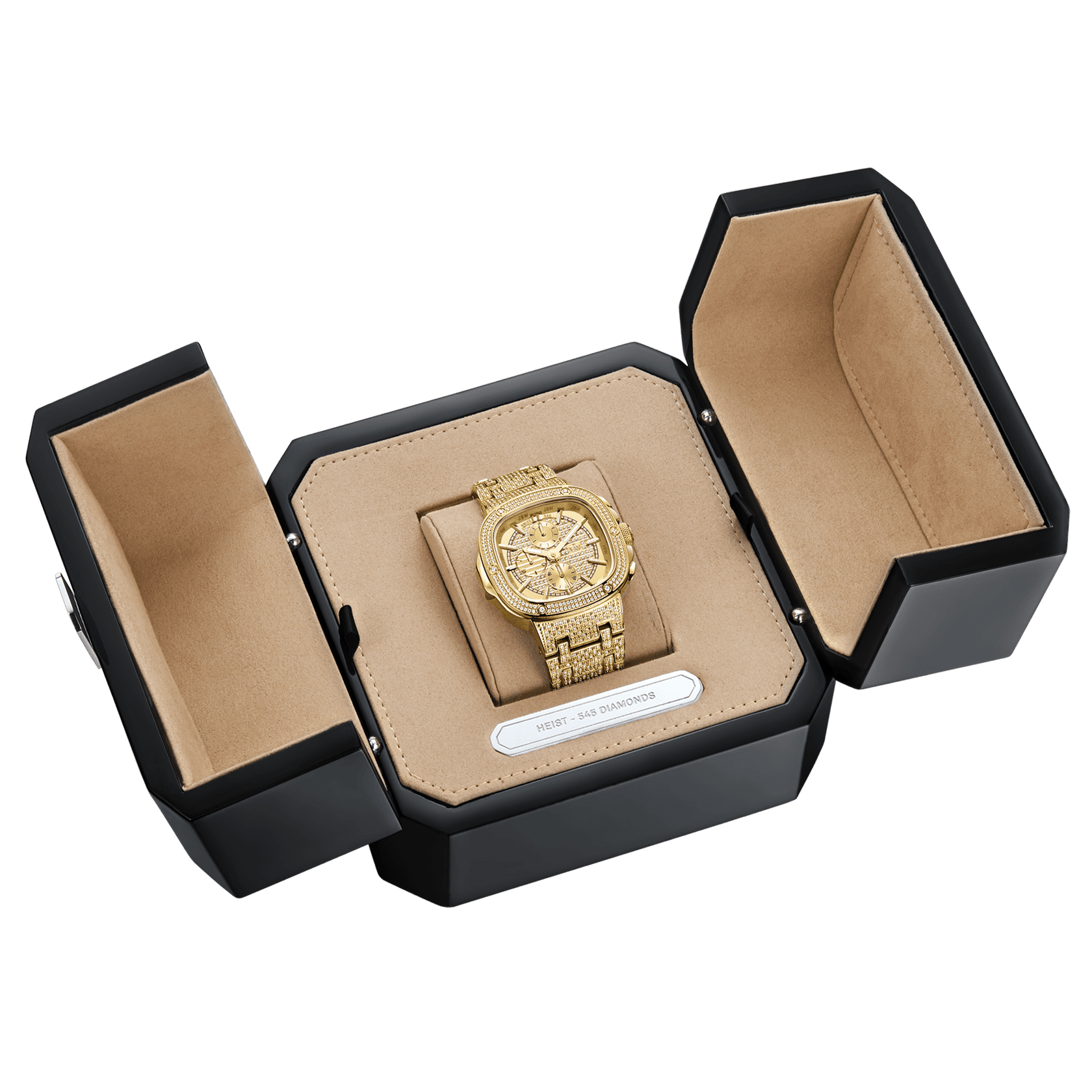 The JBW Watches Heist PS | PS545A, a gold-plated stainless steel watch set with diamonds, is showcased in an open black and beige velvet-lined jewelry box featuring side compartments.