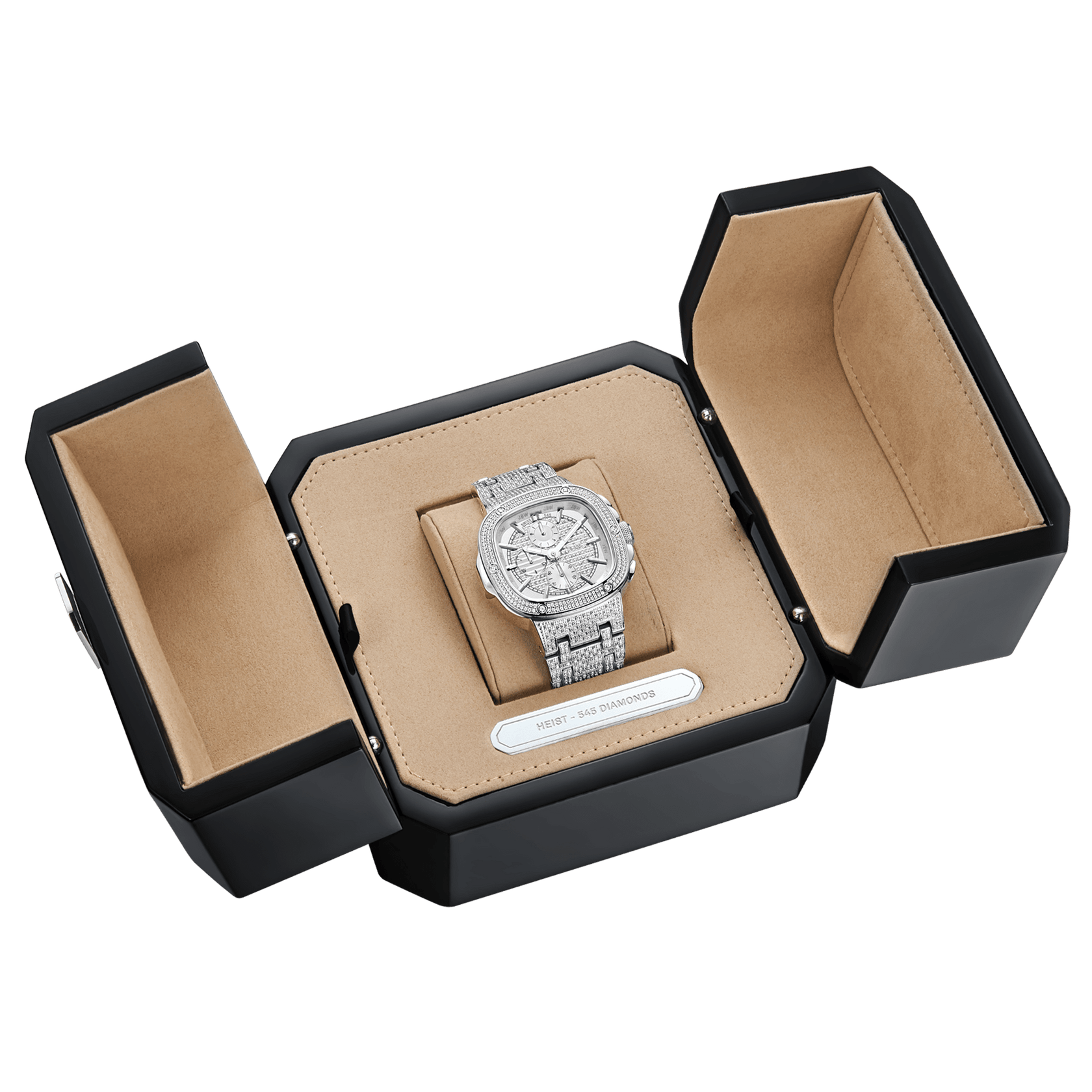 The JBW Watches Heist PS | PS545B, a luxury Swiss chronograph with a diamond bezel, is showcased in an open black and beige presentation box featuring hinged side panels.