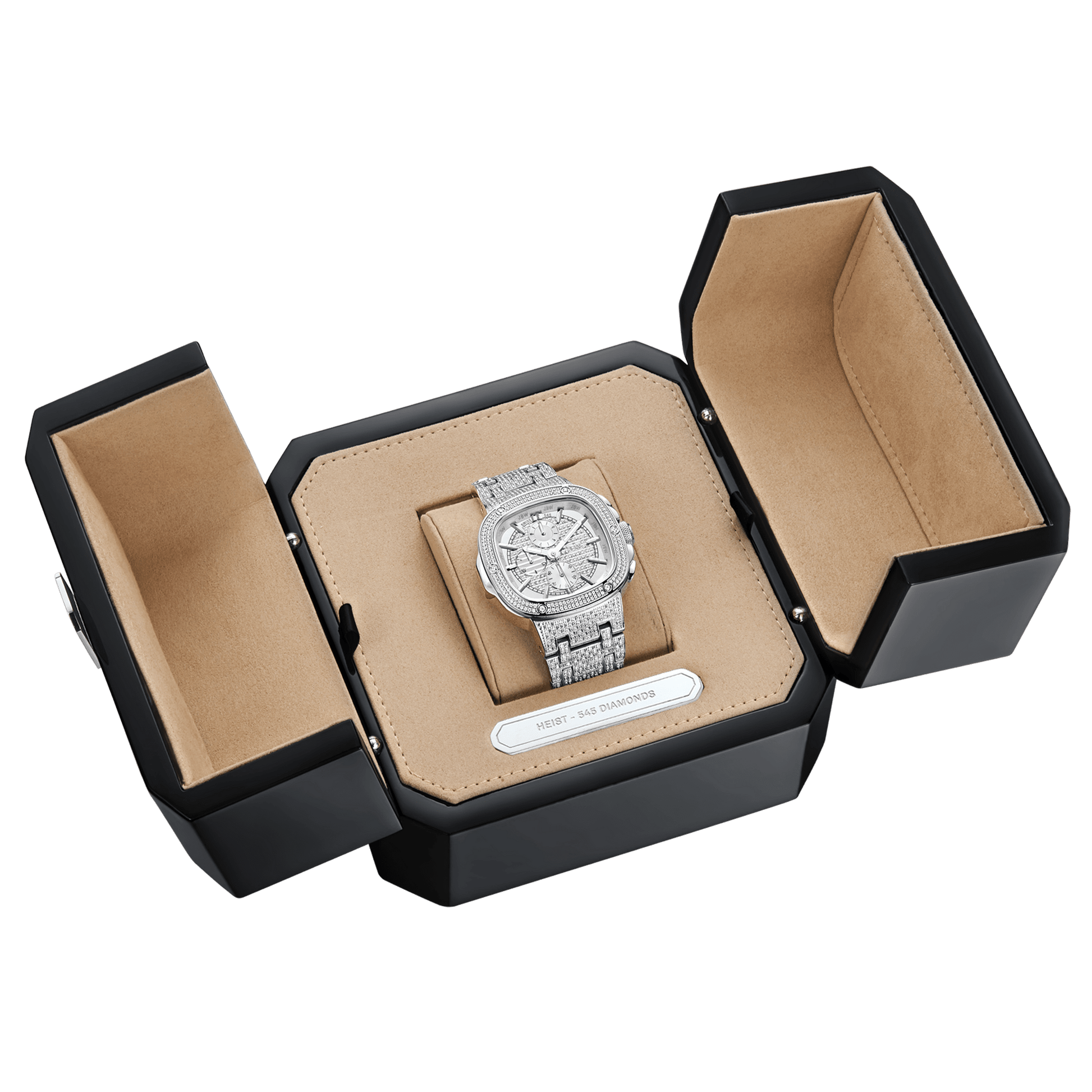 The JBW Watches Heist PS | PS545B, a luxury Swiss chronograph with a diamond bezel, is showcased in an open black and beige presentation box featuring hinged side panels.