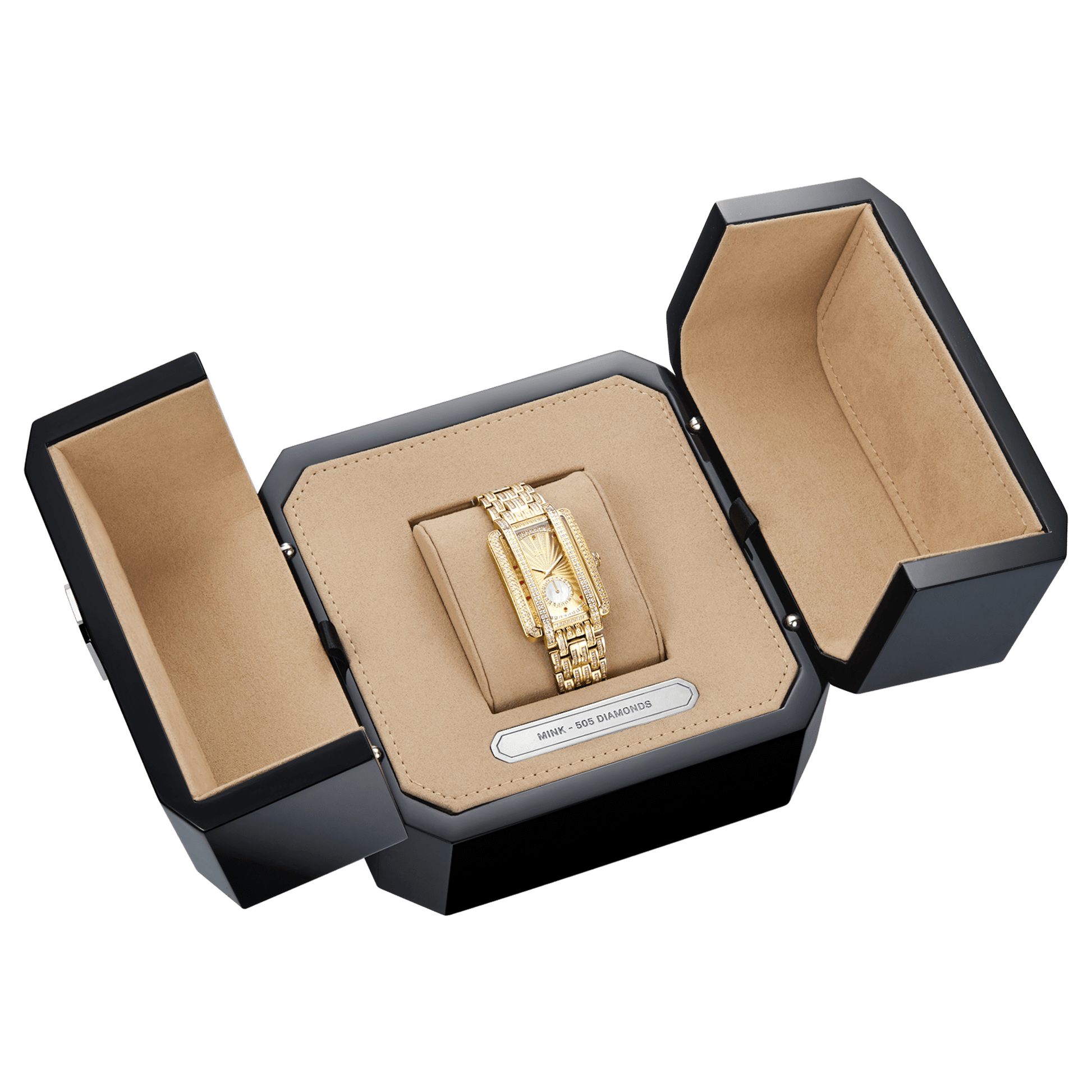 The JBW Watches Mink PS | PS505A, an 18K gold-plated diamond watch with a rectangular case, is presented in an open black velvet-lined box with side compartments.
