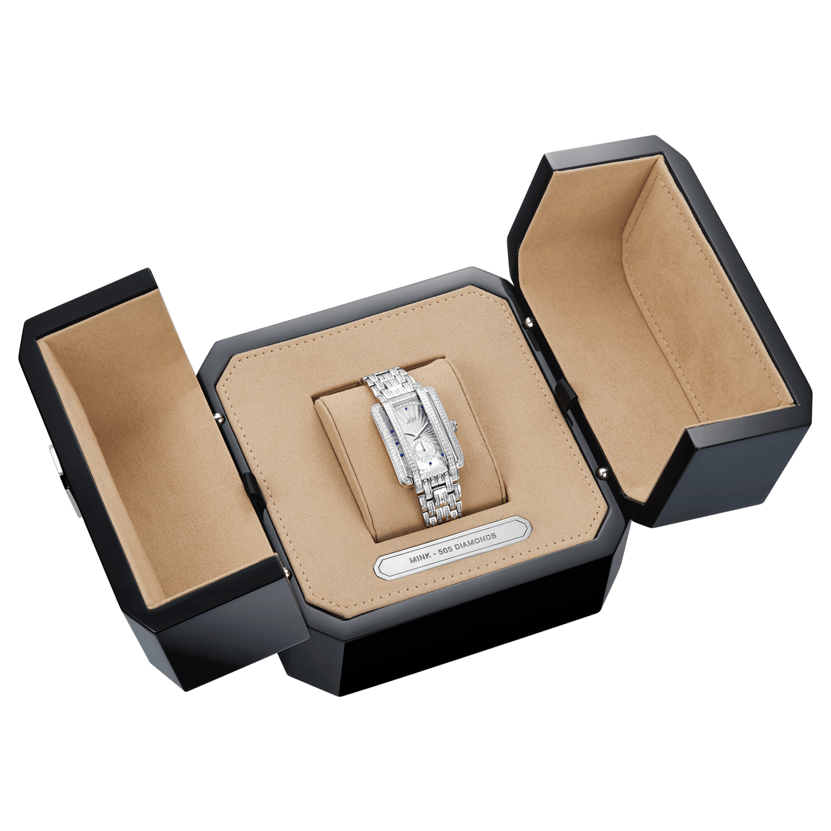 The JBW Watches Mink PS | PS505B, a silver diamond watch with a mother-of-pearl subdial, is displayed in an open black presentation box with tan lining and side compartments.