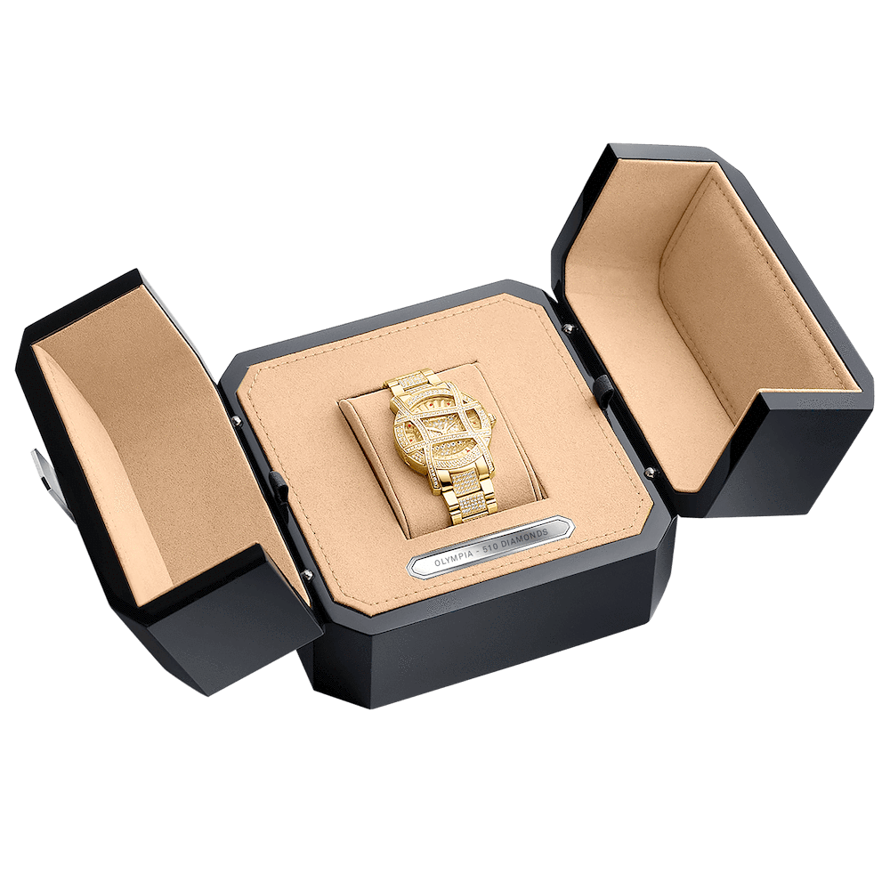 An 18K gold-plated JBW Olympia PS | PS510A wristwatch with a metallic band sits on tan velvet inside an open black and tan luxury box. A silver plaque inscribed Olympia PS is fixed below the watch.