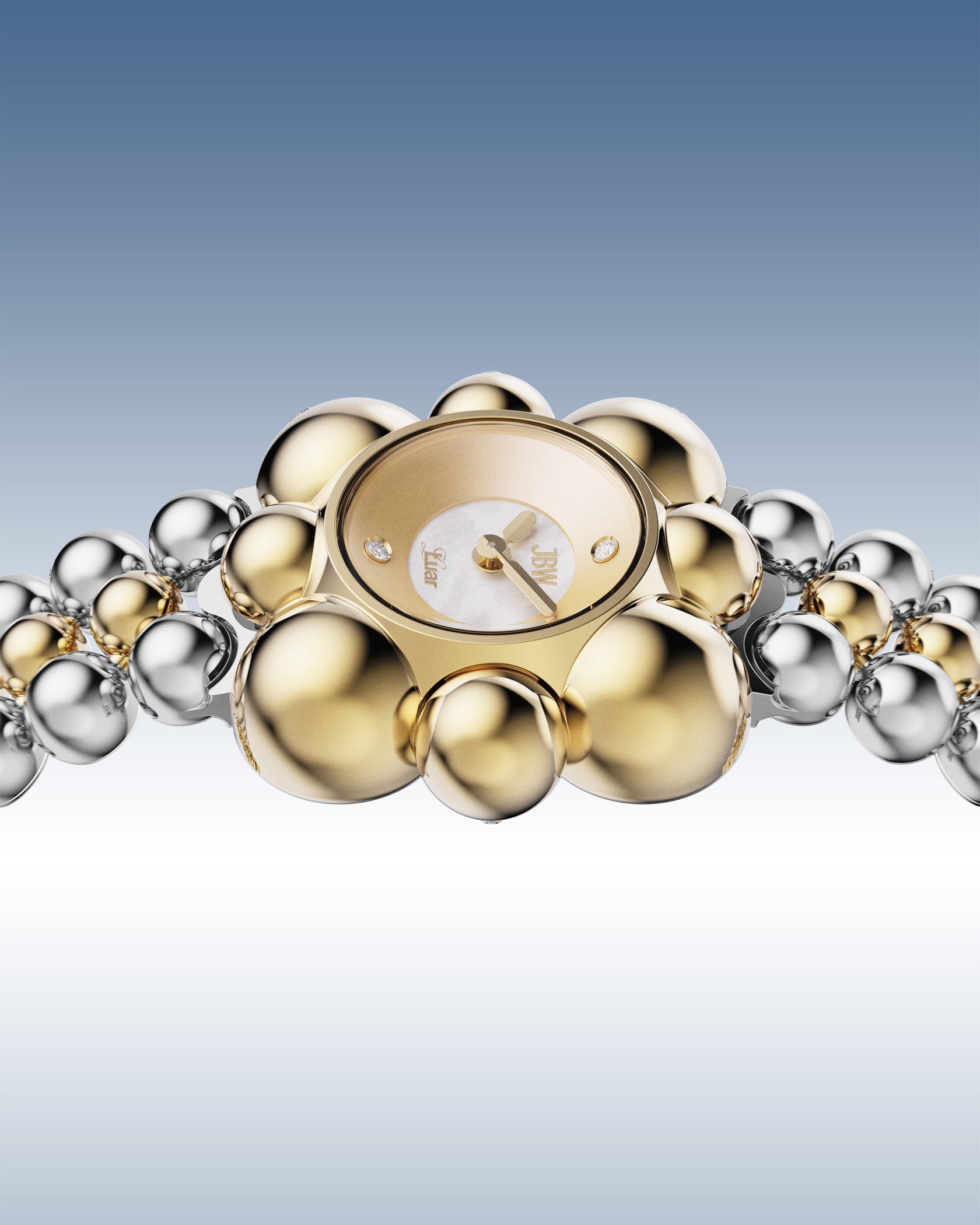 The JBW x Luar – Atmosphere | J6405C by JBW Watches features a round gold case, mother of pearl dial, and a bracelet with alternating gold and silver links, showcased on a blue gradient background.