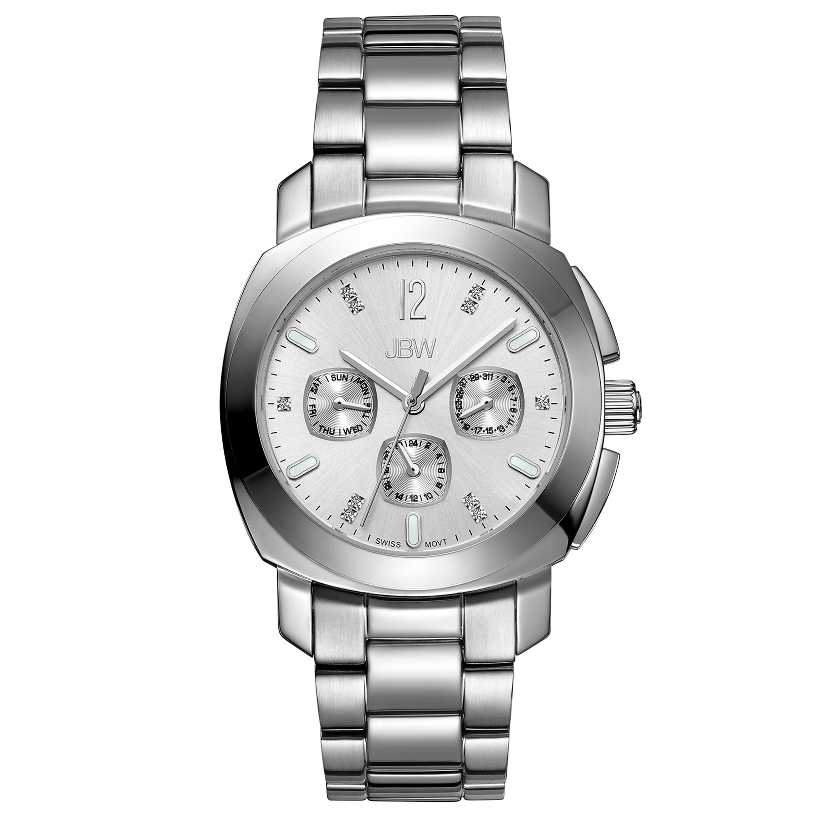 The JBW Marigny | J6298A-SC Sample Sale is a silver stainless steel watch with a round face, three subdials, metal link band, hour and minute markers, and a date window. Final Sale—no returns or exchanges.