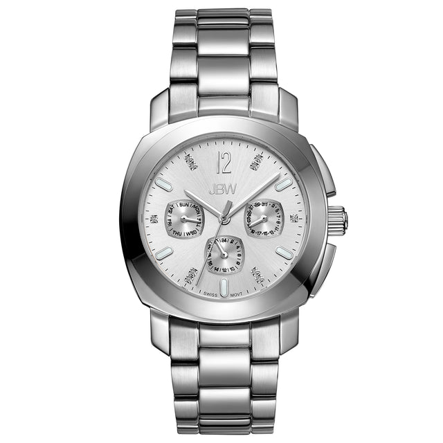 The JBW Marigny | J6298A-SC Sample Sale is a silver stainless steel watch with a round face, three subdials, metal link band, hour and minute markers, and a date window. Final Sale—no returns or exchanges.