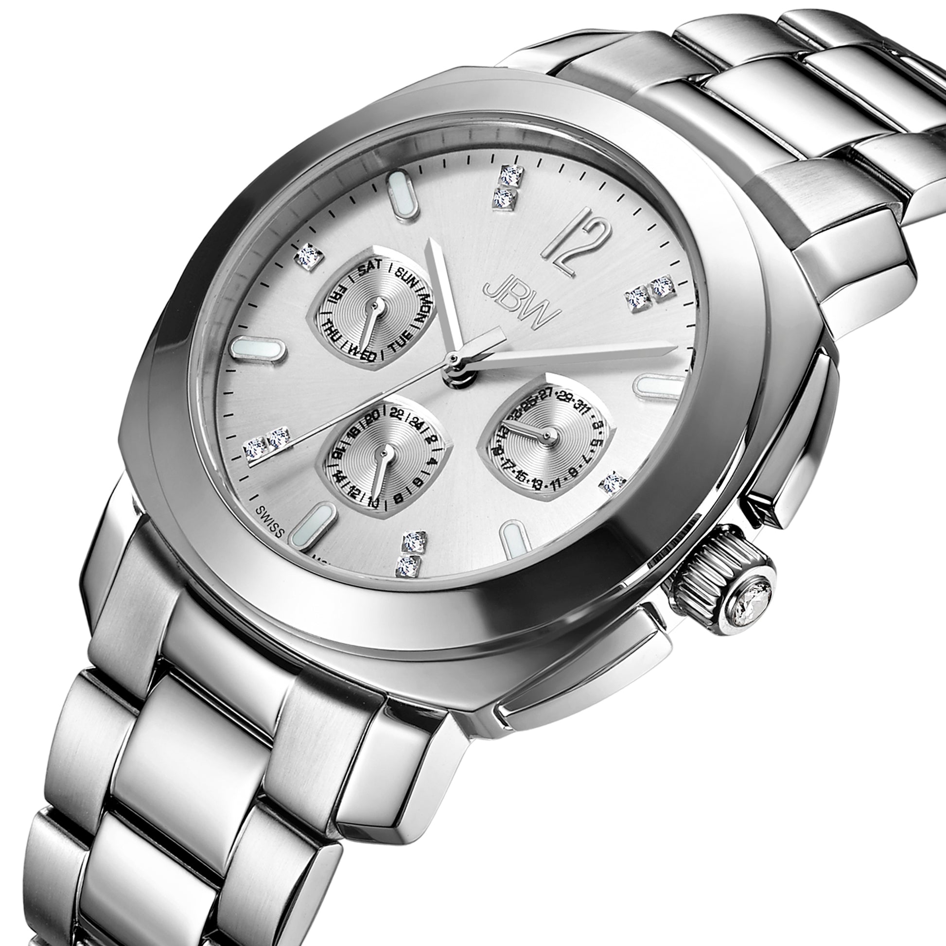 The Marigny | J6298A-SC by JBW is a silver metal wristwatch with a polished band, round face, three subdials, and diamond hour markers. Shown angled on white. Sample Sale—Final Sale item; not eligible for return or exchange.