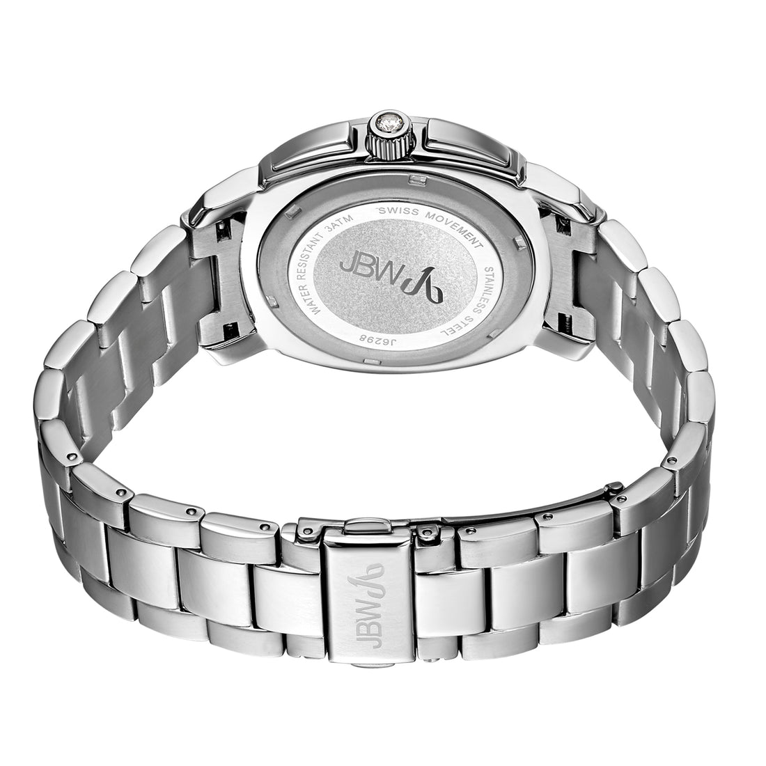 The Marigny | J6298A-SC Sample Sale by JBW features a silver metal bracelet, clasp, and case back engraved with the JBW logo and Swiss movement text. This item is Final Sale and not eligible for return.