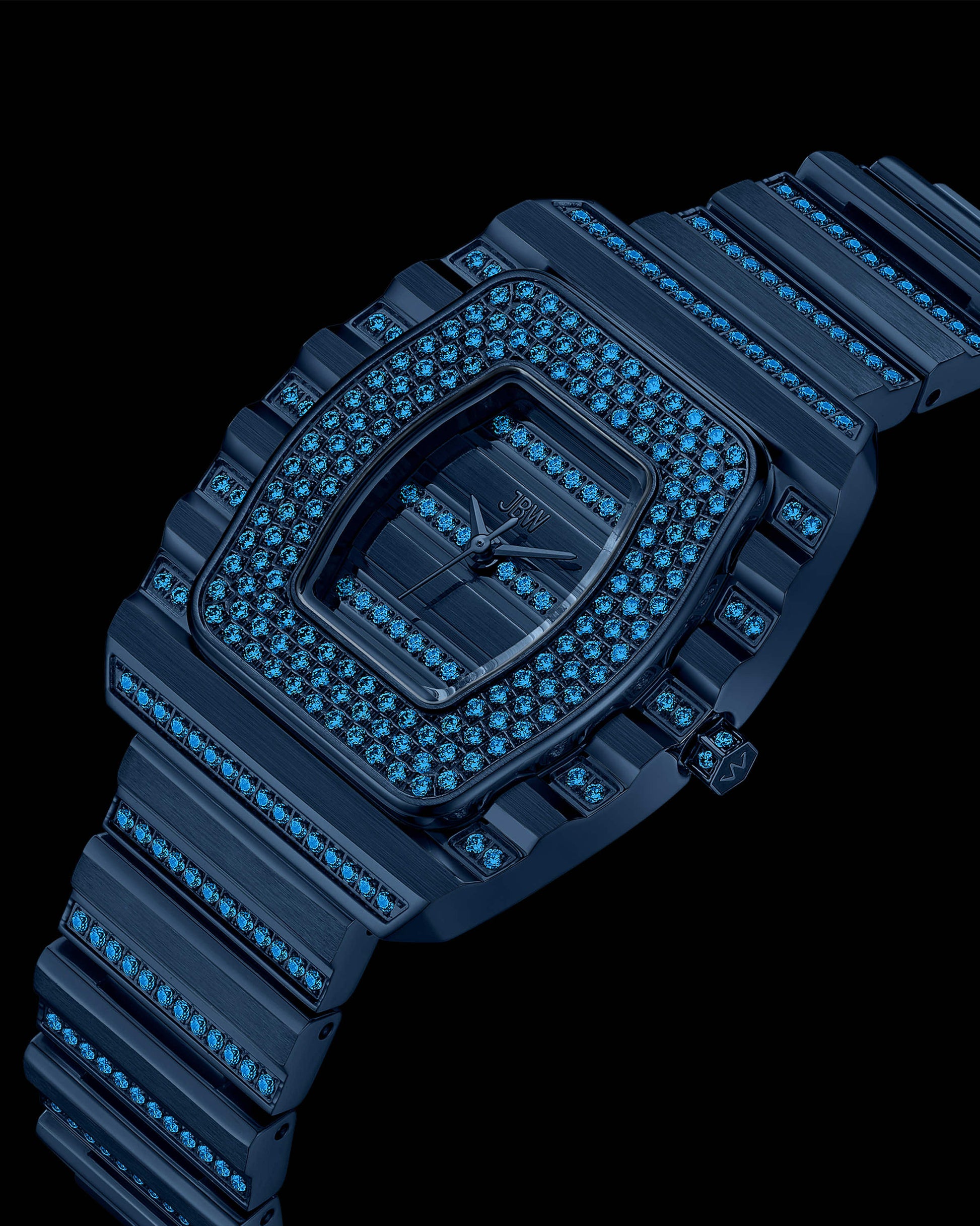 The RESERVE Atlas Bleu | R6404A by JBW Watches is a limited edition luxury blue crystal watch with a blue metallic band and case, adorned with blue gemstones and Swiss quartz movement, elegantly set against a black background.