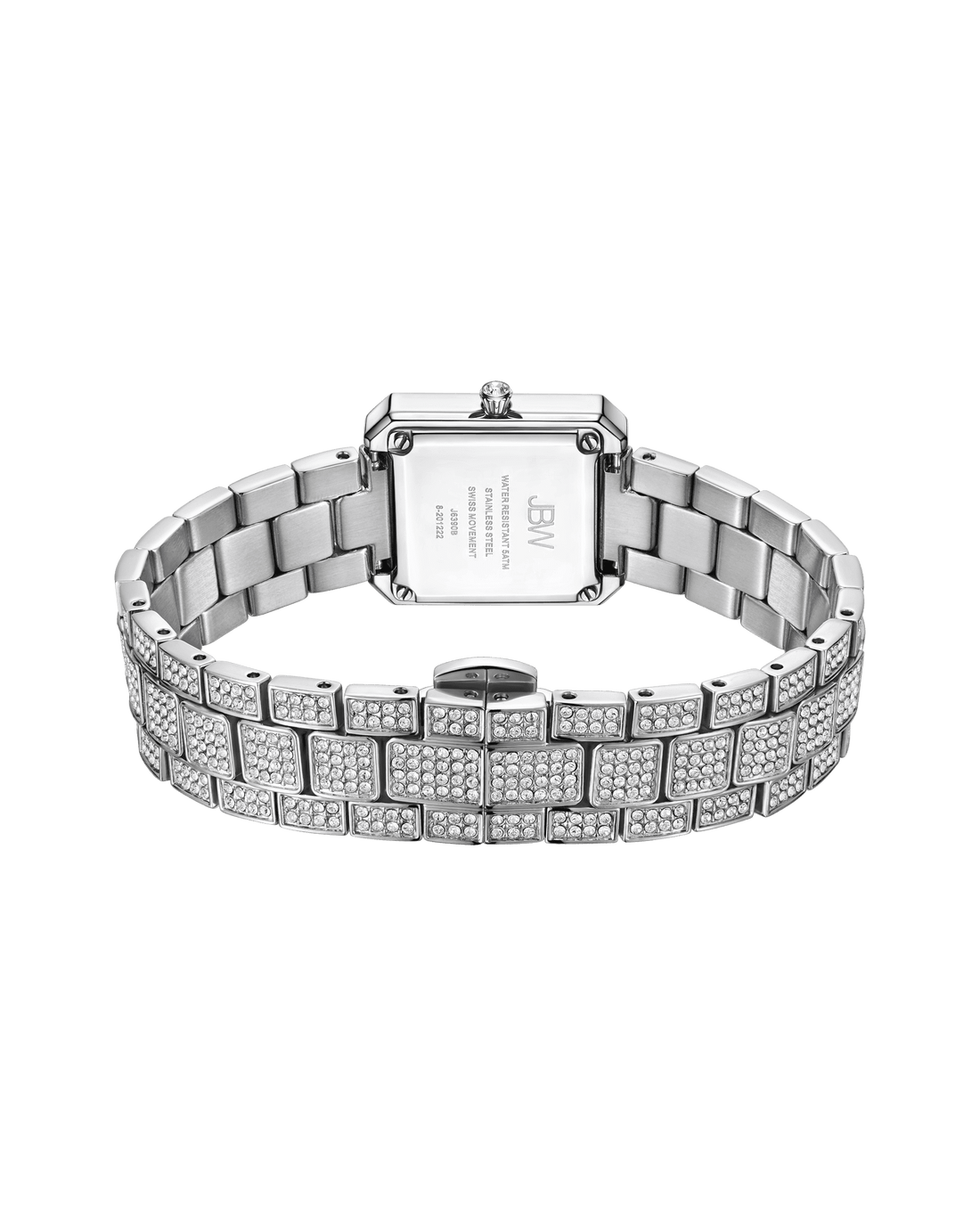The Arc Single | J6390B-GA Sample Sale (Grade A) by JBW Watches is a womens silver luxury watch with a rectangular back case, linked crystal-encrusted bracelet, and a crystal-studded bezel, shown face down.