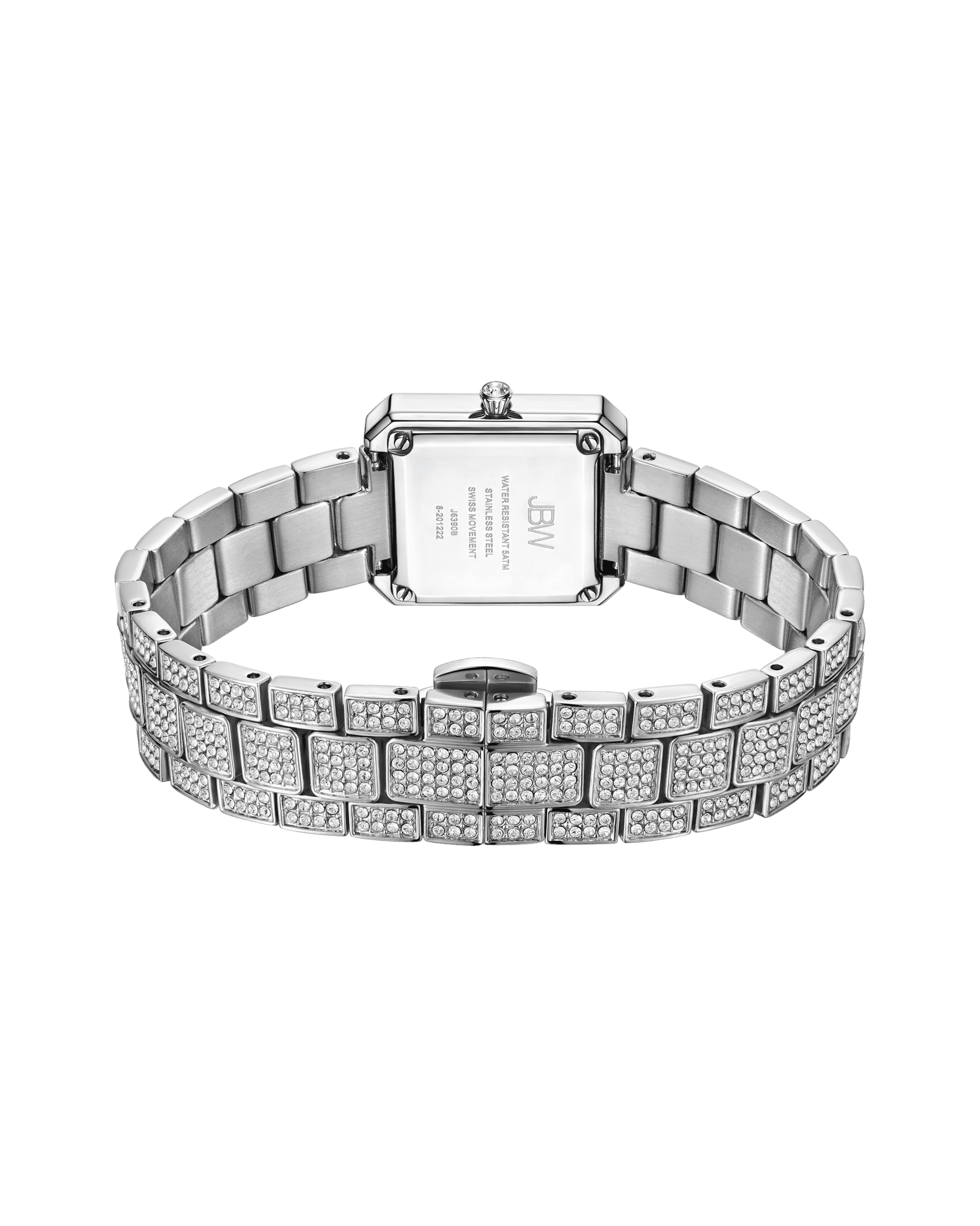 The Arc Single | J6390B-GA Sample Sale (Grade A) by JBW Watches is a womens silver luxury watch with a rectangular back case, linked crystal-encrusted bracelet, and a crystal-studded bezel, shown face down.