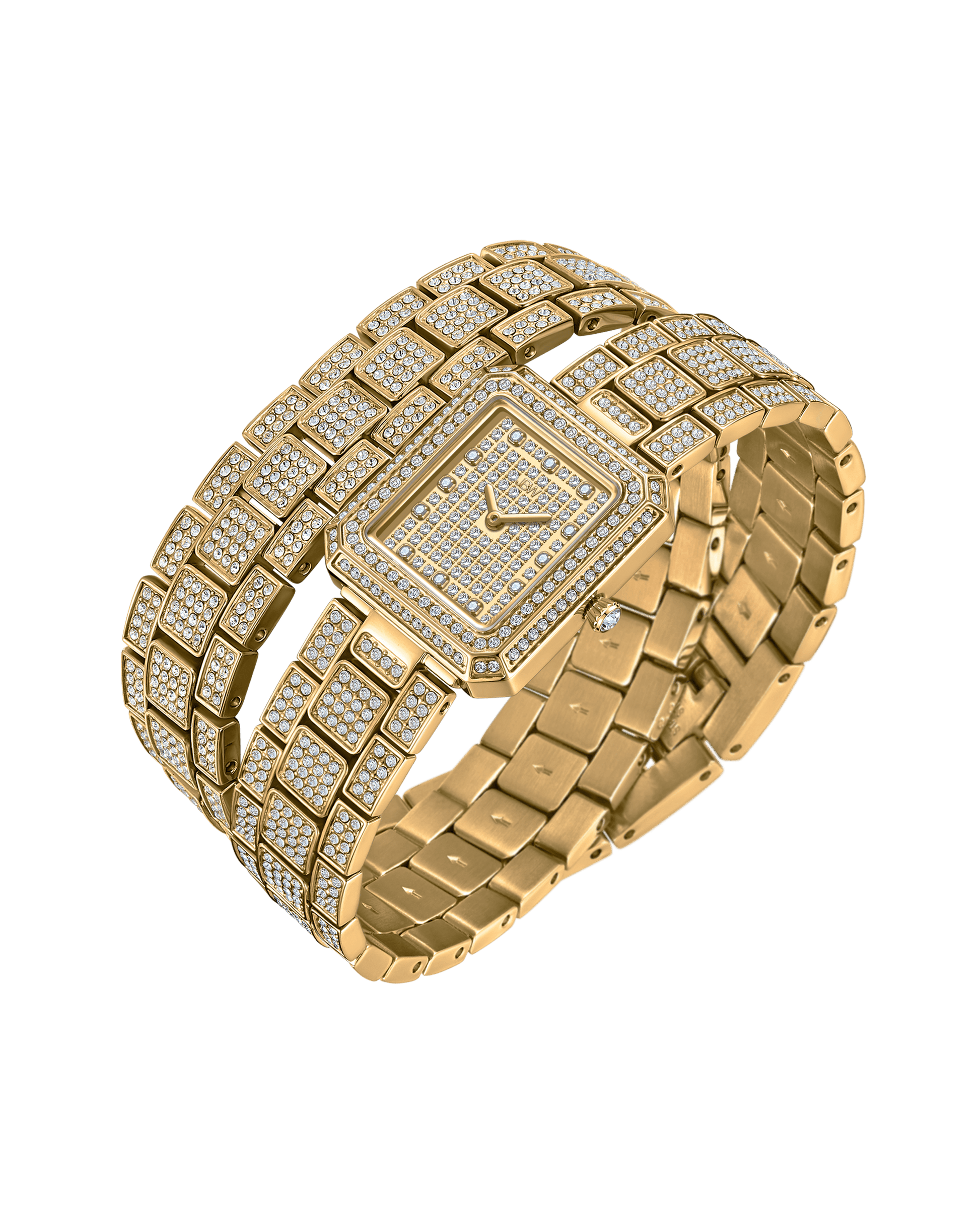 The JBW Watches Arc Double (Sample Sale) | J6390C-GA, a gold diamond watch with a wide, multi-link bracelet encrusted in sparkling diamonds on the face and band, is elegantly showcased against a white background.
