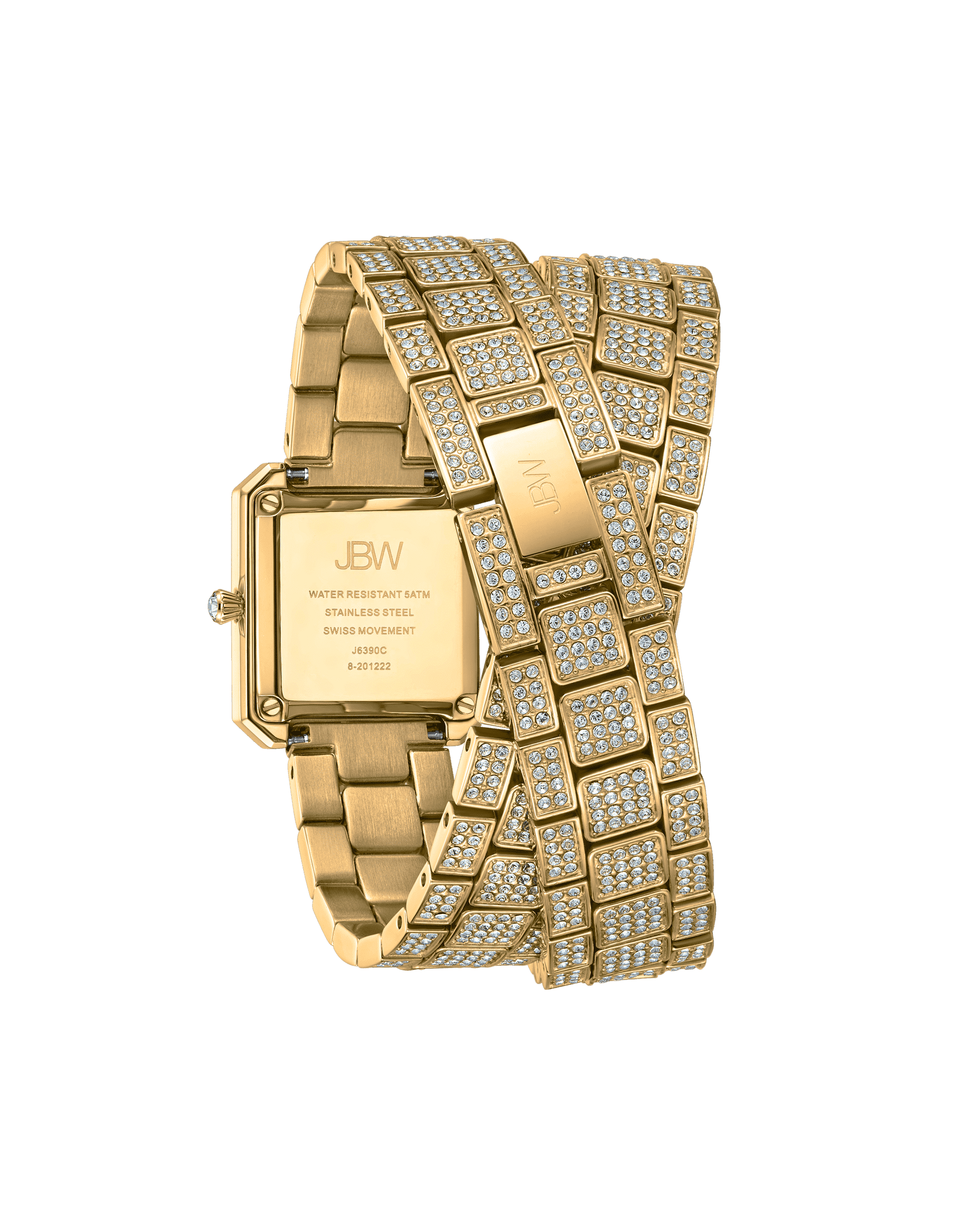 The JBW Watches Arc Double (Sample Sale) | J6390C-GA features a gold square face, wraparound band, and a crystal-studded bezel with sparkling rows of crystals. The elegant timepiece highlights its back and strap in the display.