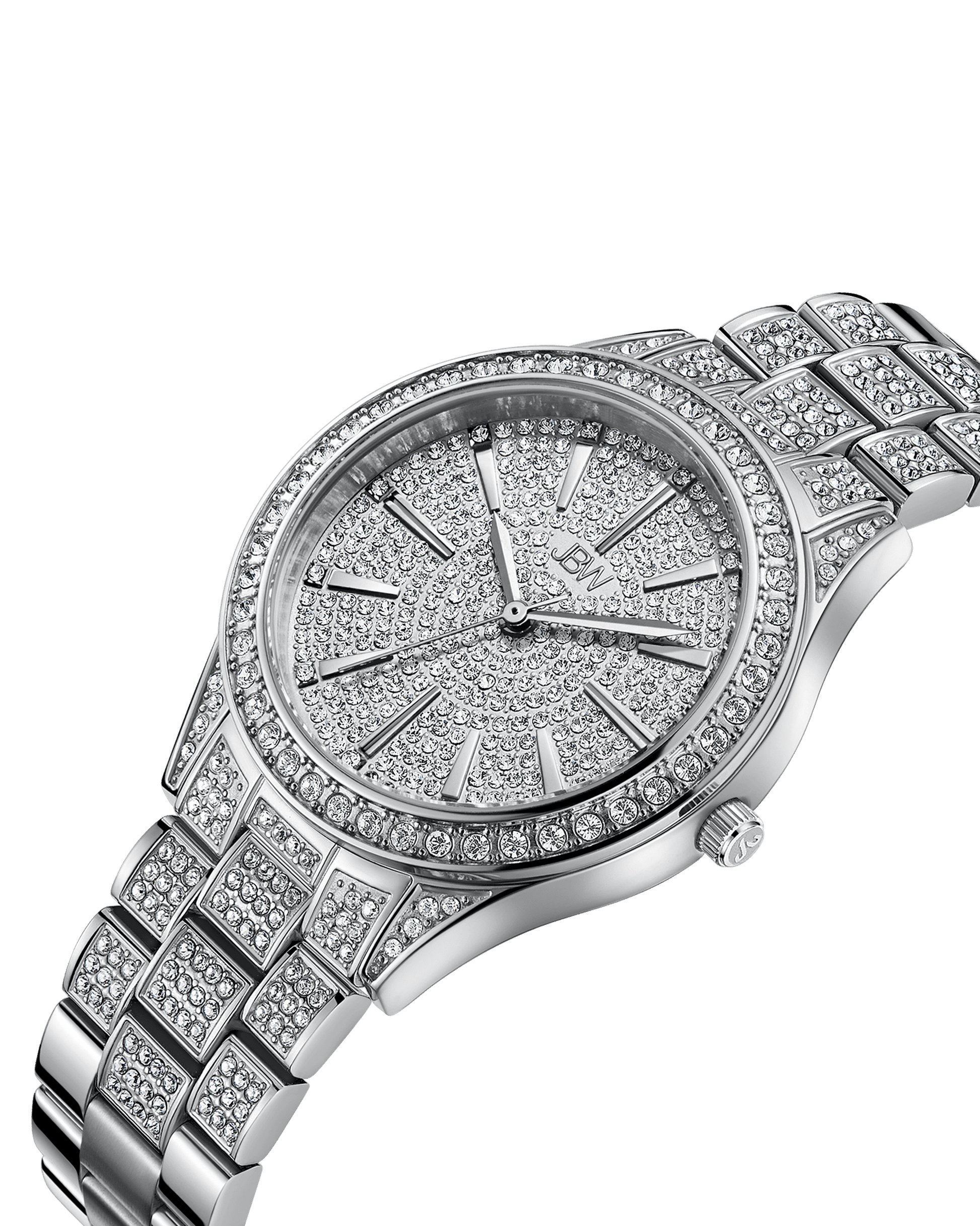 The JBW Cristal 34 | J6383C is a luxury diamond watch with small diamonds on the face, bezel, and stainless steel bracelet, shown at an angle against a white background.