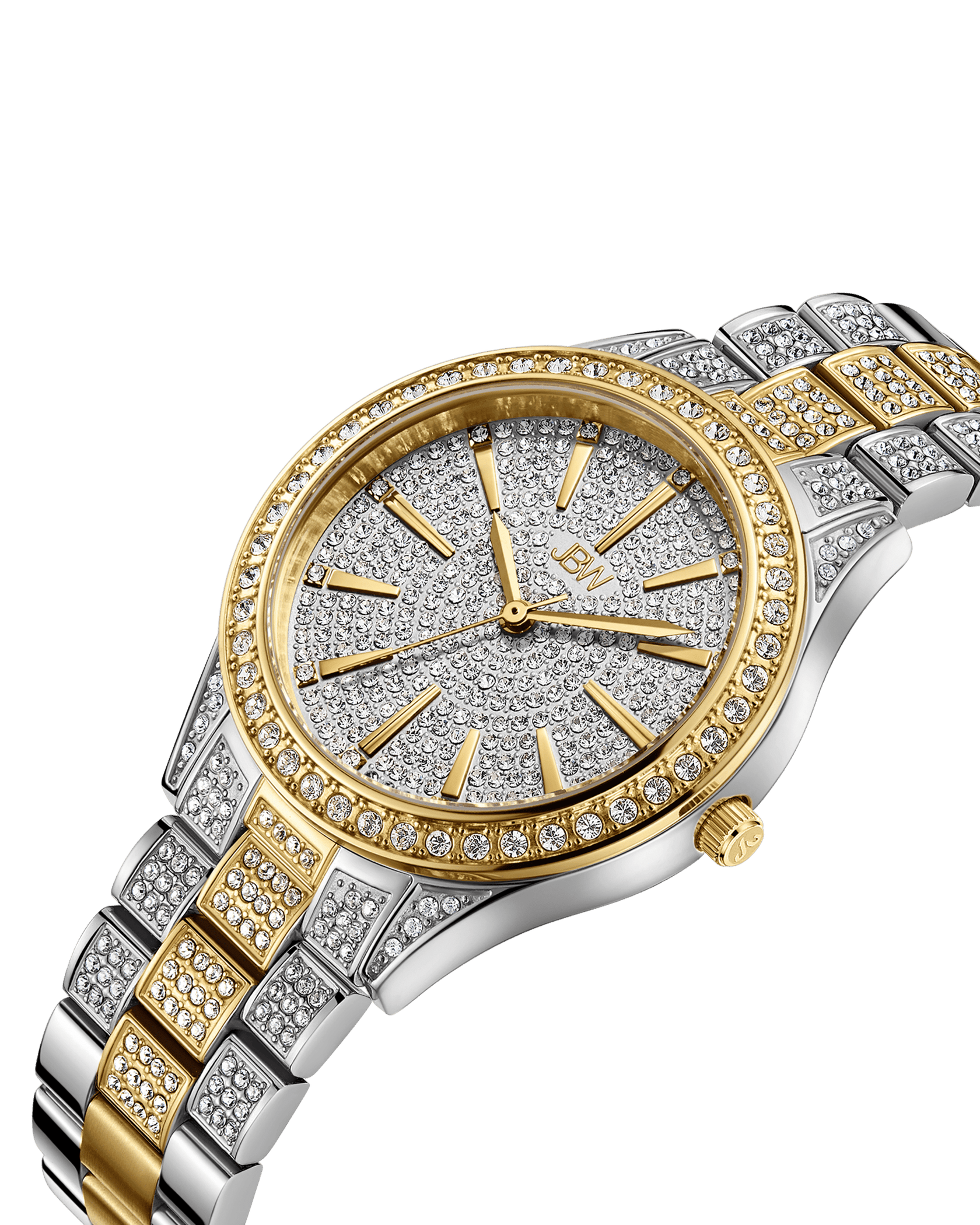 The JBW Cristal 34 | J6383D is a luxury diamond watch with a silver and gold-plated stainless steel band, diamond-encrusted face, bezel, and links, gold hour markers and hands, and precise Swiss movement.