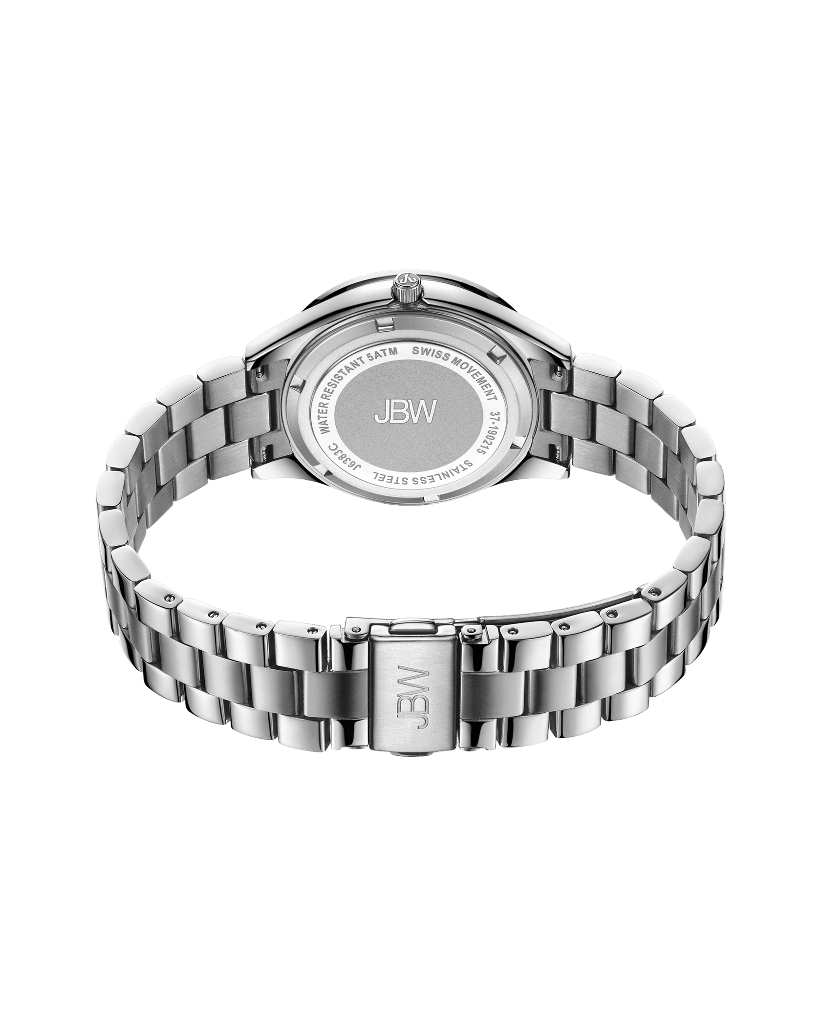 The Cristal 34 | J6383C by JBW is shown from the back, featuring a stainless steel bracelet, a JBW-engraved clasp, and a branded case back with product details that highlight its Swiss movement.