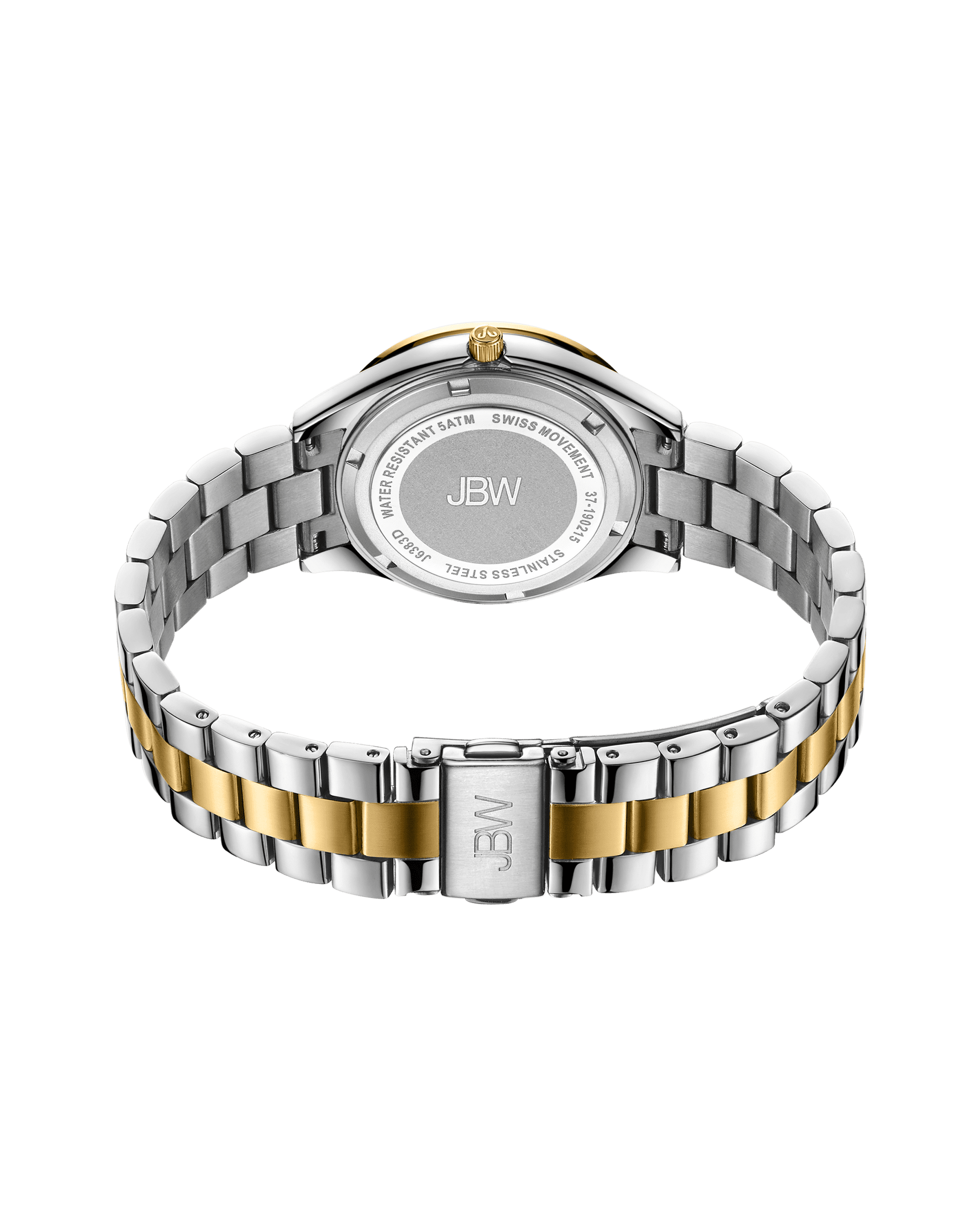 The back view of the JBW Cristal 34 | J6383D reveals a stainless steel case engraved with JBW and an elegant silver and gold-plated two-tone bracelet band.