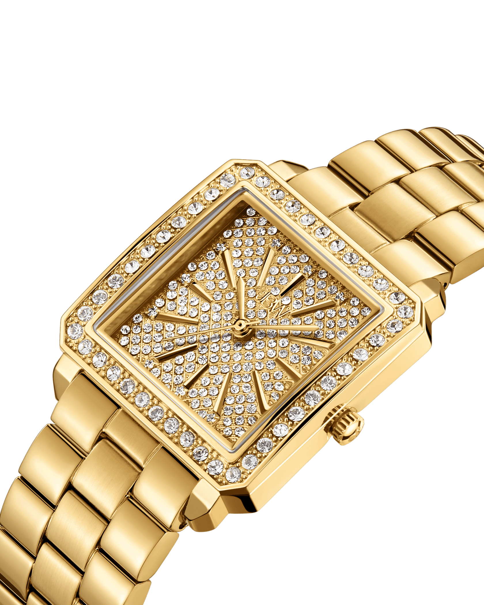 The JBW Cristal 28 | J6387-SetA is a gold wristwatch with a rectangular face and band, fully adorned with Austrian crystals on the dial and bezel in a luxurious pattern. The watch hands are gold.