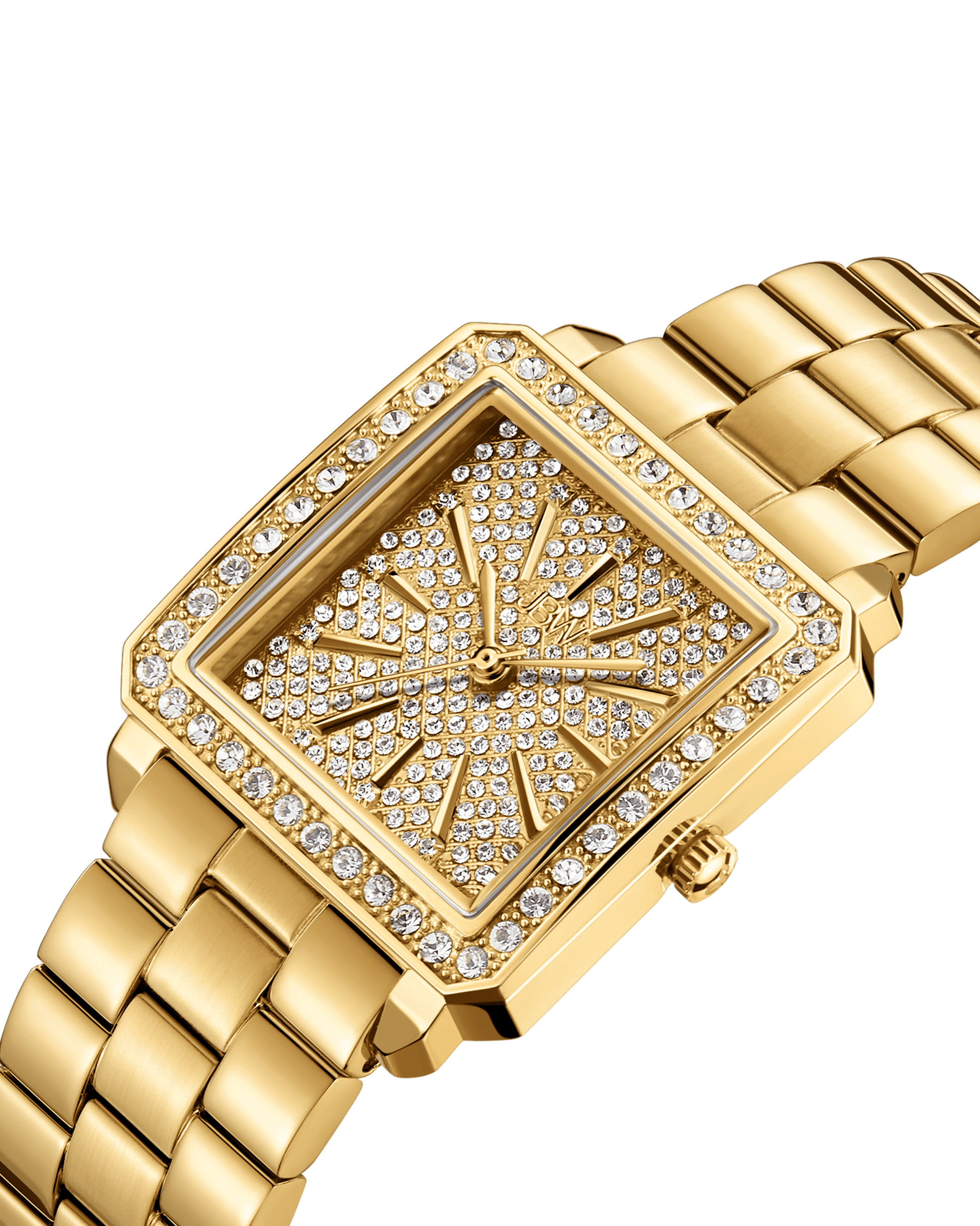 The JBW Cristal 28 | J6387-SetA is a gold wristwatch with a rectangular face and band, fully adorned with Austrian crystals on the dial and bezel in a luxurious pattern. The watch hands are gold.
