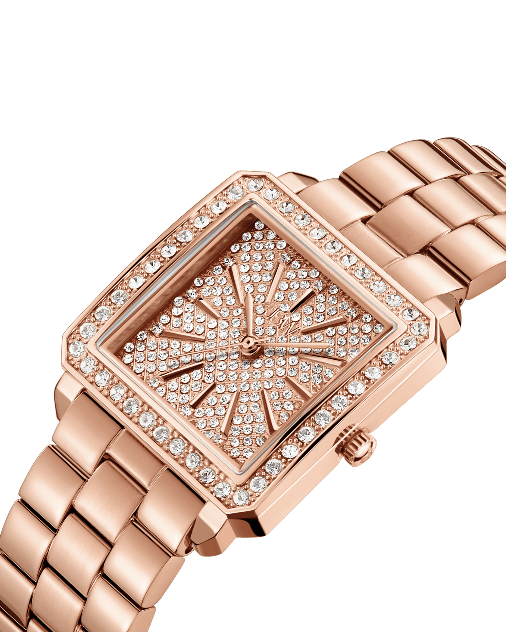 The JBW Cristal 28 | J6387-SetB is a rose gold square diamond watch with a metal link band, sparkling diamond-accented face and bezel, and sleek rose gold hour and minute hands for crystal bracelet-inspired elegance.