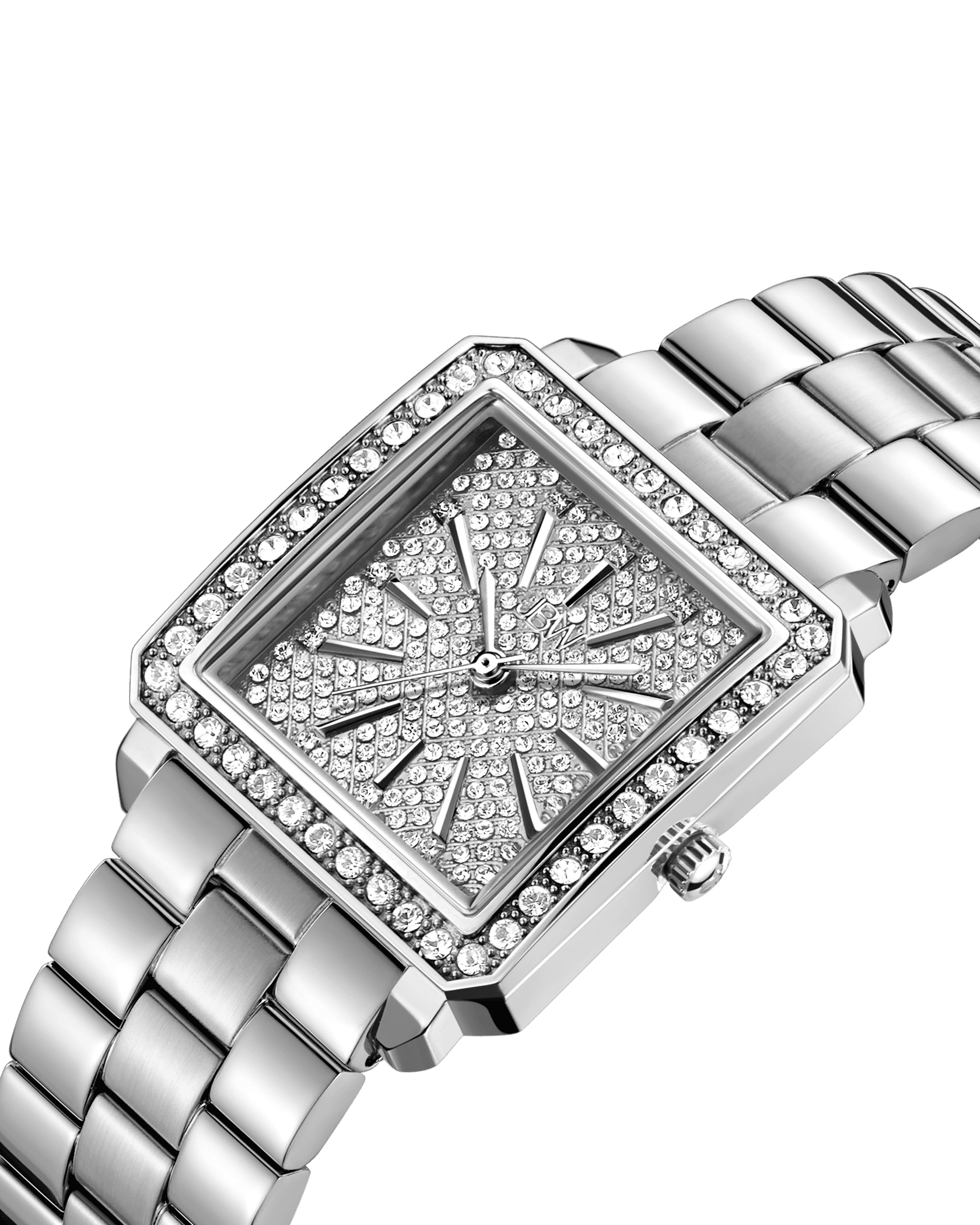 A close-up of the JBW Cristal 28 | J6387-SetC, a luxury diamond watch with a rectangular face, Austrian crystals on the bezel and dial, and a polished metal link band. Watch hands and hour markers are accented with sparkling stones.