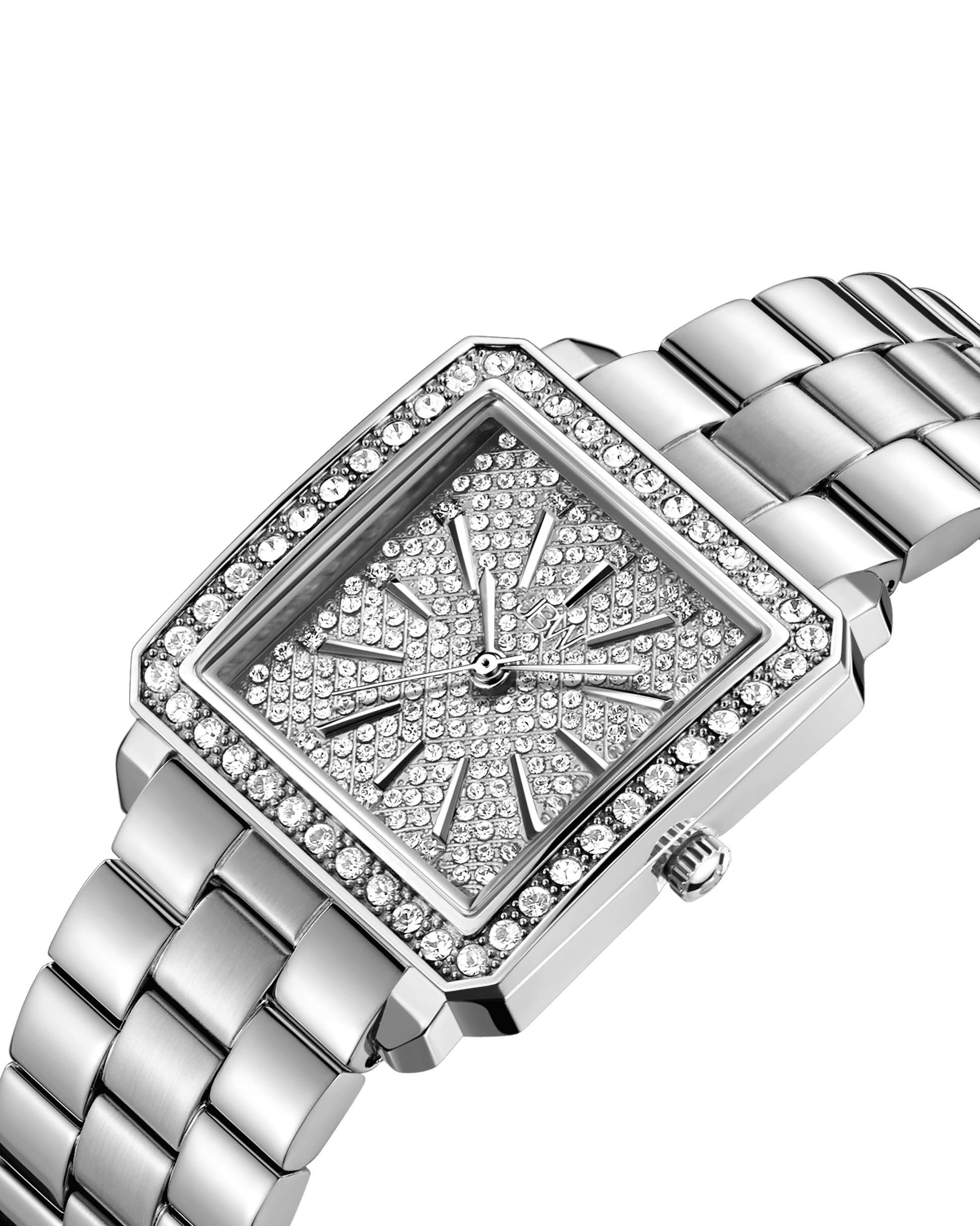 A close-up of the JBW Cristal 28 | J6387-SetC, a luxury diamond watch with a rectangular face, Austrian crystals on the bezel and dial, and a polished metal link band. Watch hands and hour markers are accented with sparkling stones.