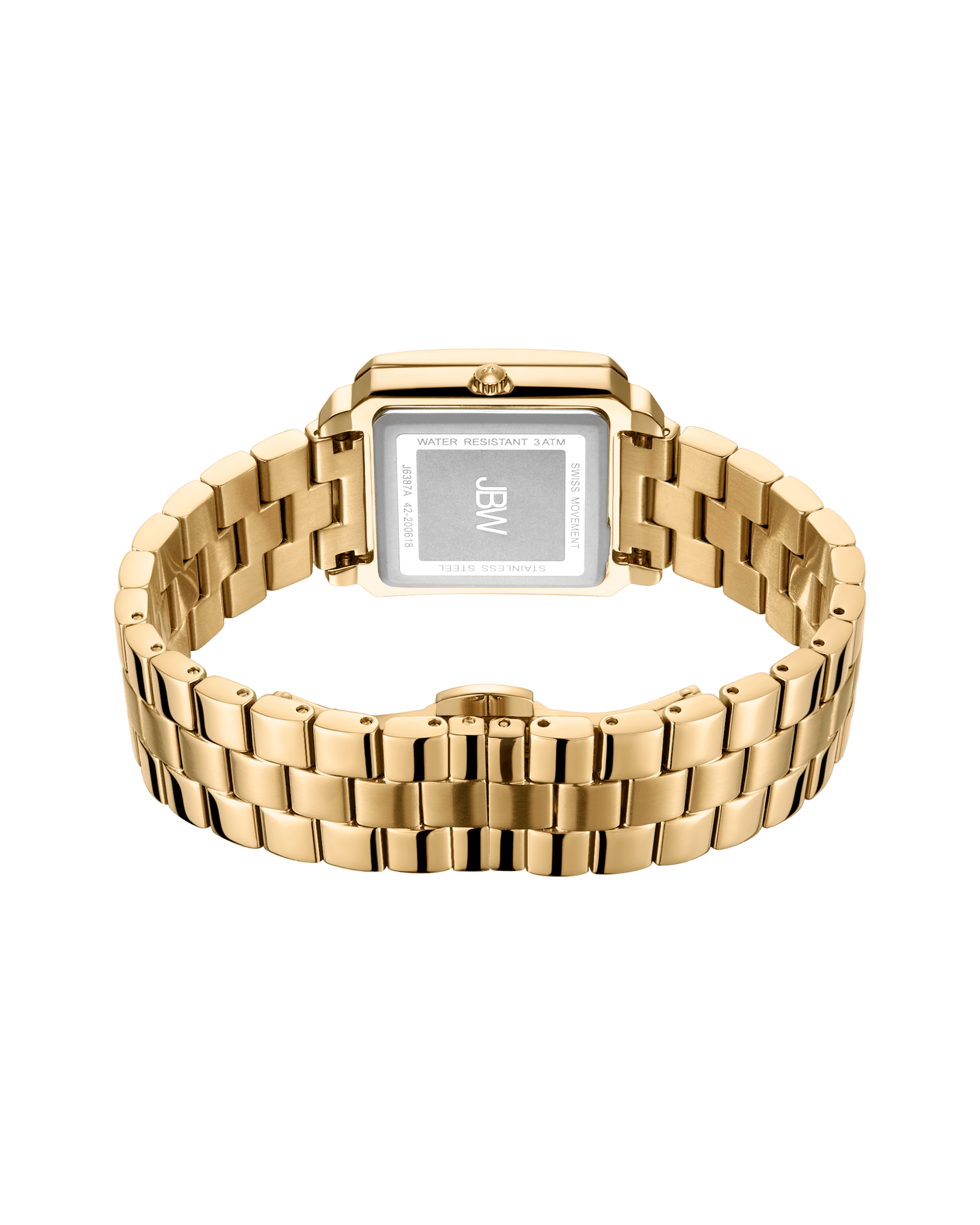 The JBW Cristal 28 | J6387-SetA gold wristwatch features a rectangular case with engraved text, a gold link bracelet, and subtle Austrian crystals for added elegance—shown from the back against a plain white background.