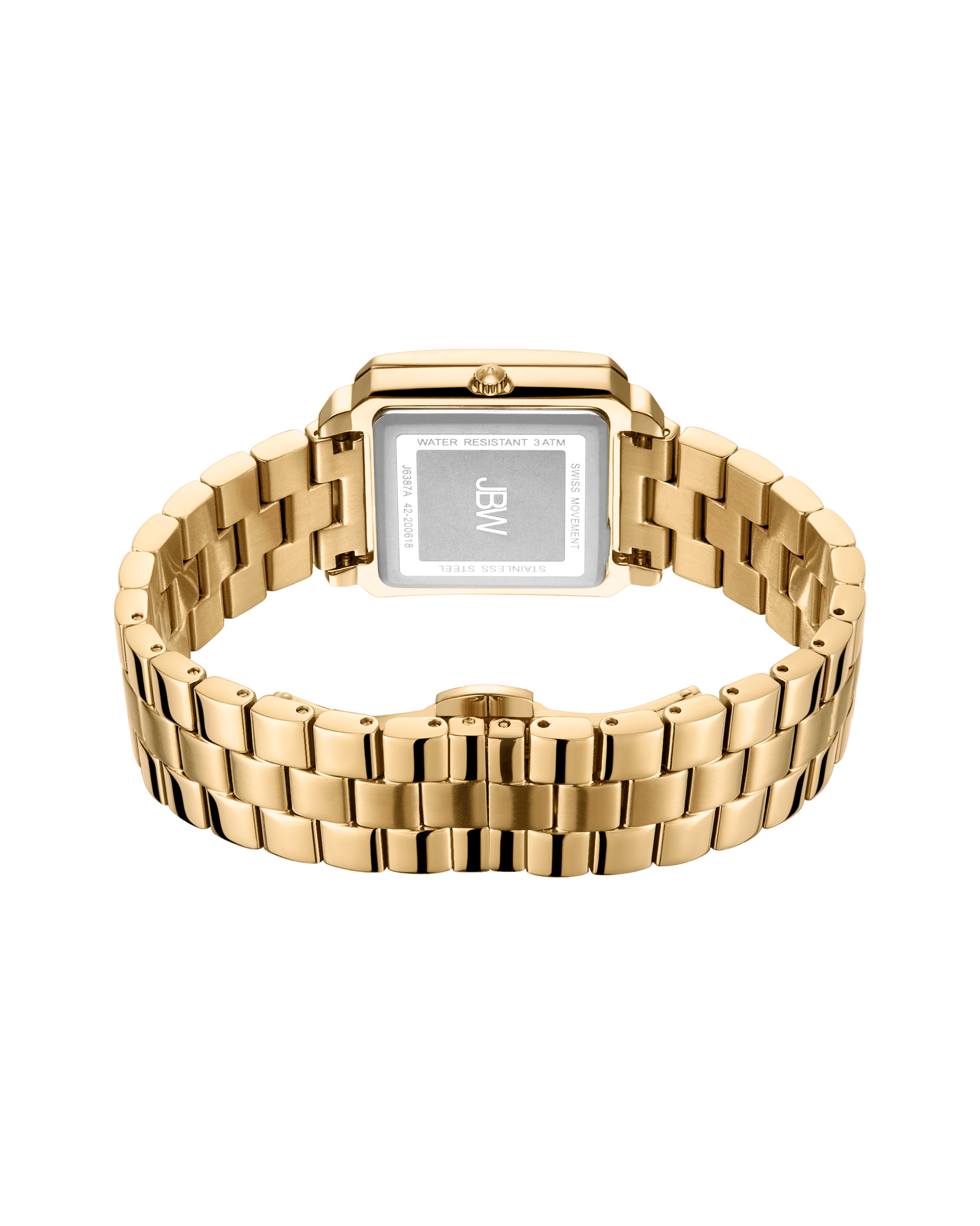 The JBW Cristal 28 | J6387-SetA gold wristwatch features a rectangular case with engraved text, a gold link bracelet, and subtle Austrian crystals for added elegance—shown from the back against a plain white background.
