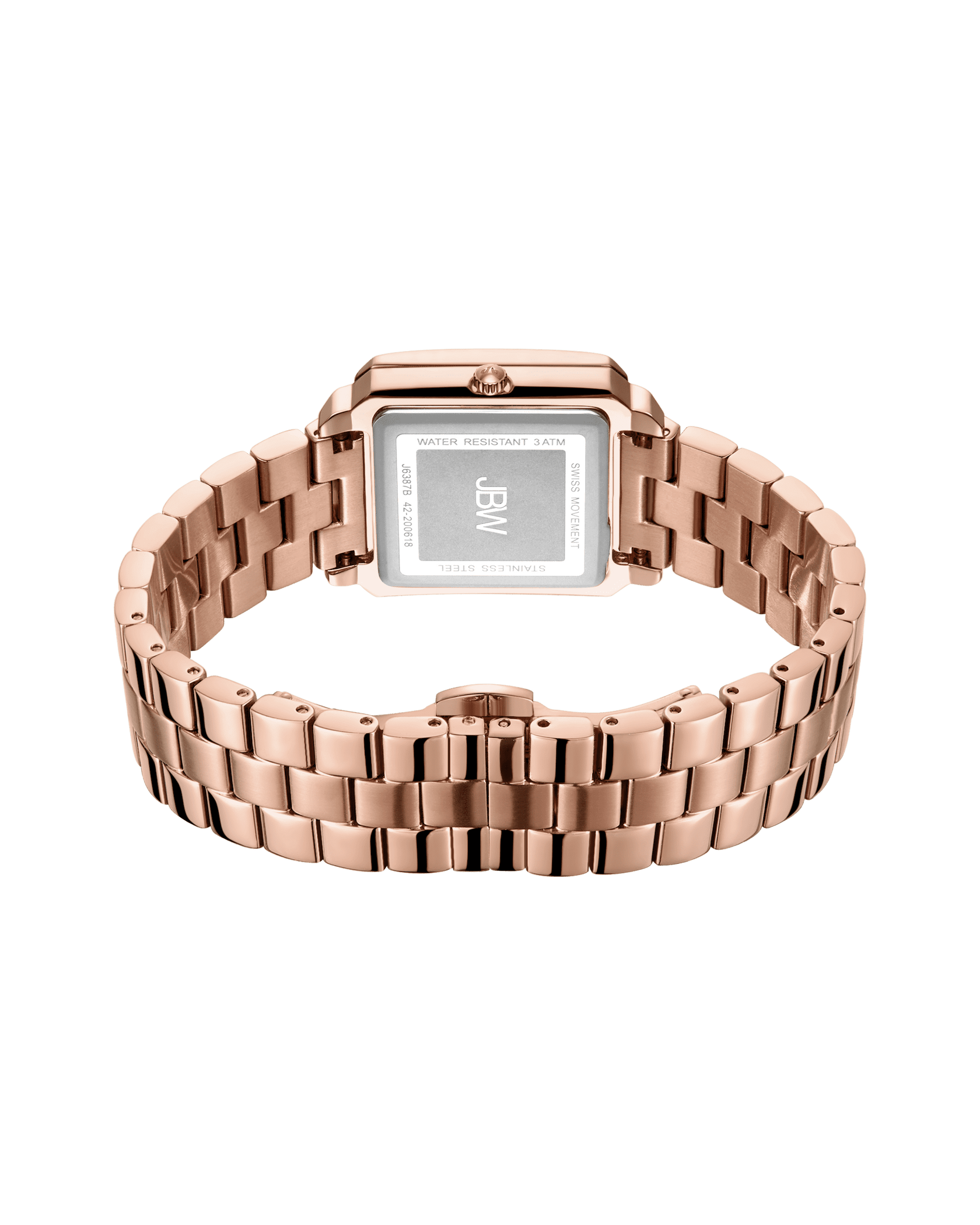 The JBW Cristal 28 | J6387-SetB features a rose gold square case, visible crown on the right, engraved caseback, detailed bracelet links, and clasp—showcasing an elegant bangle style from the back.