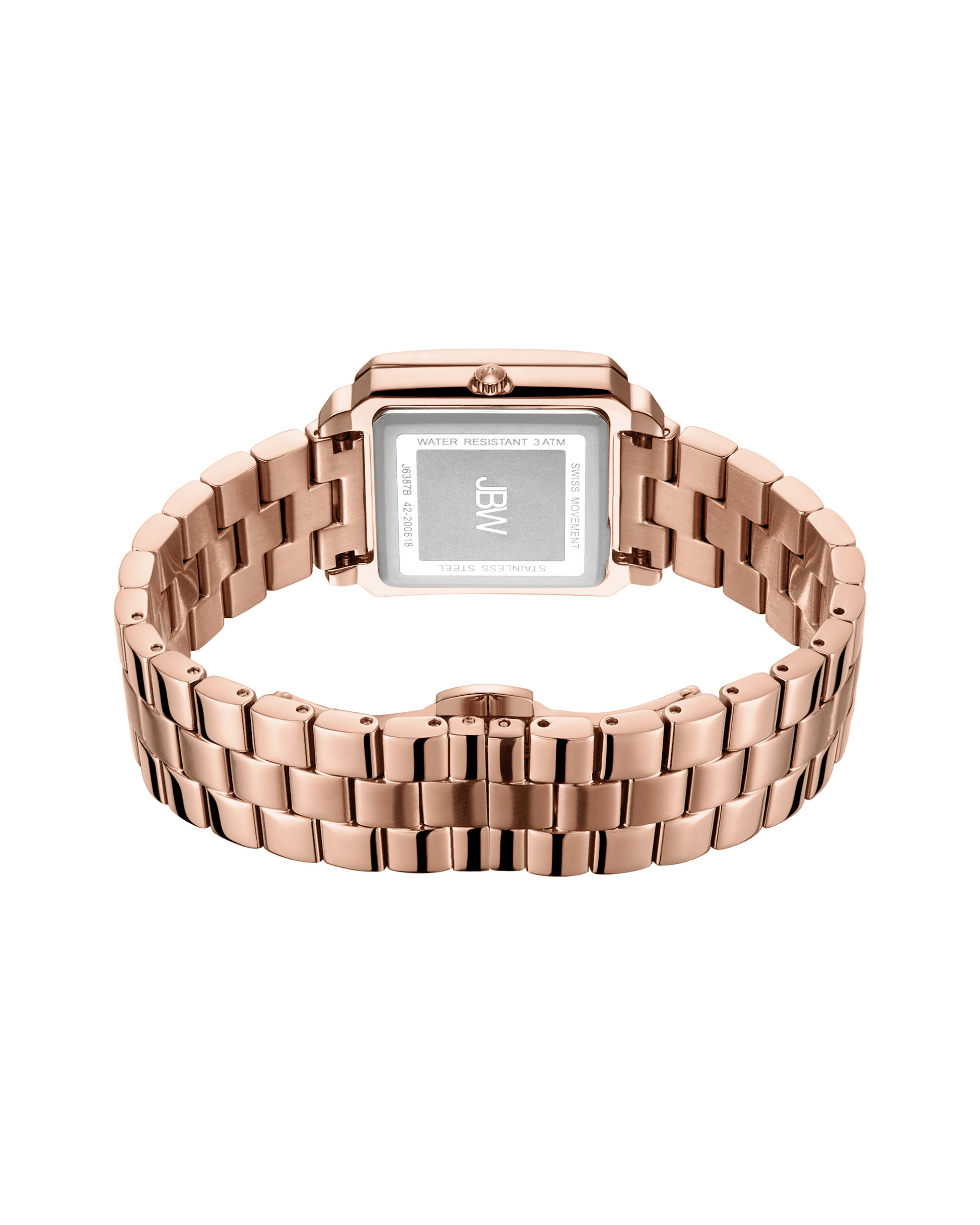 The JBW Cristal 28 | J6387-SetB features a rose gold square case, visible crown on the right, engraved caseback, detailed bracelet links, and clasp—showcasing an elegant bangle style from the back.