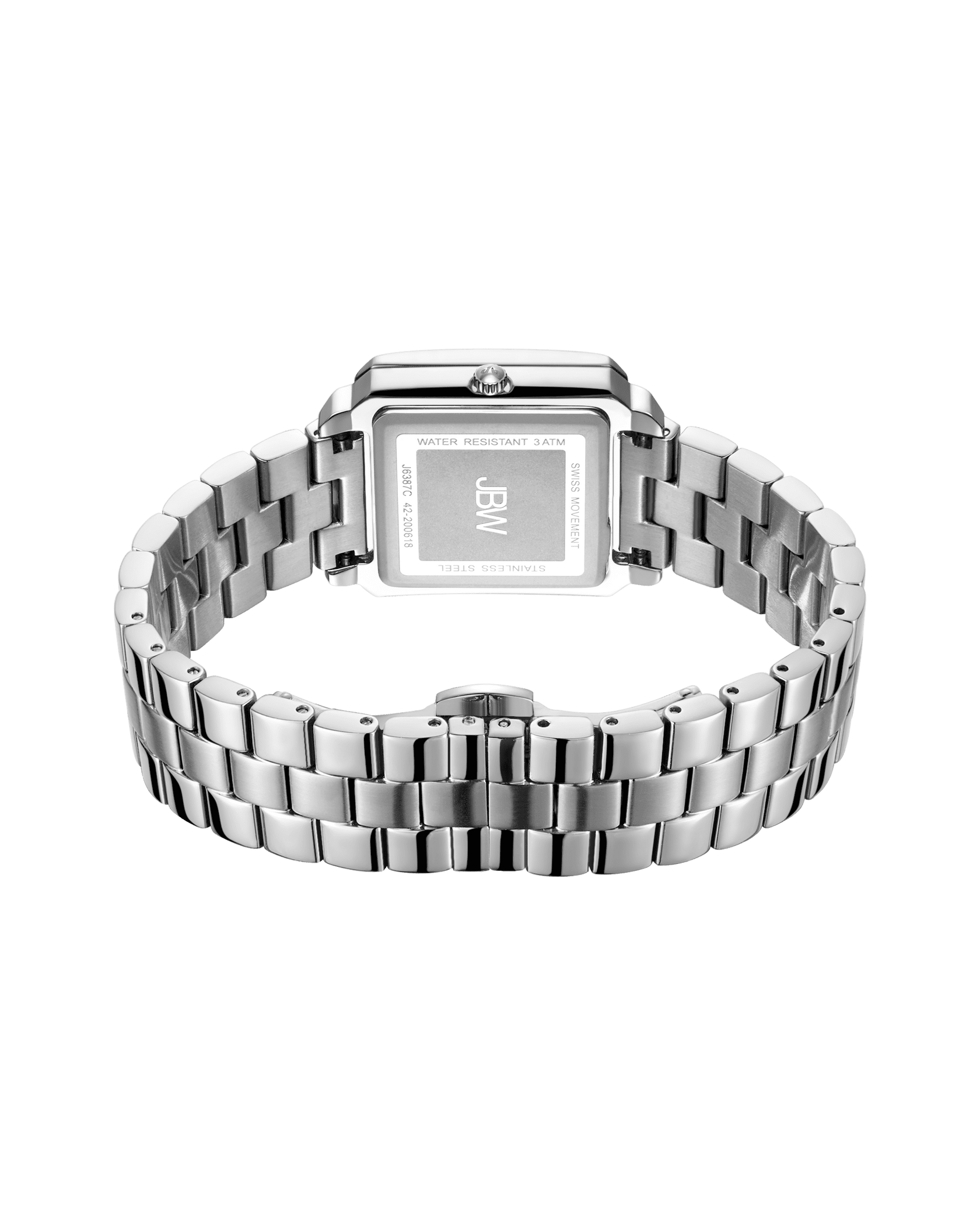 The image shows the JBW Cristal 28 | J6387-SetC silver wristwatch from the back, highlighting its polished bracelet and engraved case details: Water Resistant 3ATM, Japan Movement, and a sleek stainless steel bangle.