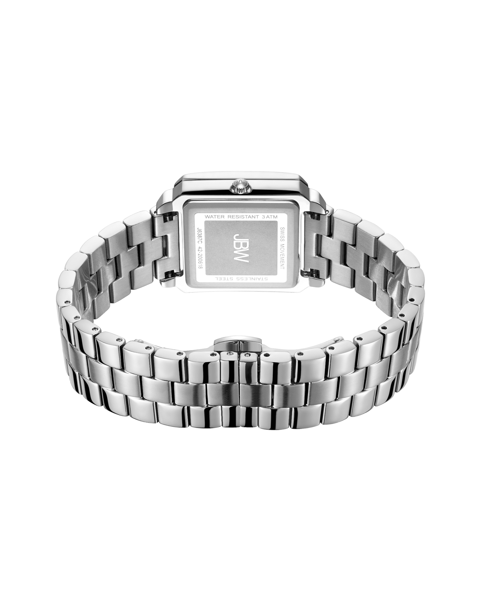 The image shows the JBW Cristal 28 | J6387-SetC silver wristwatch from the back, highlighting its polished bracelet and engraved case details: Water Resistant 3ATM, Japan Movement, and a sleek stainless steel bangle.