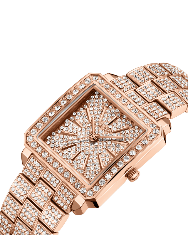 The JBW Cristal 28 | J6386B is a rectangular rose gold watch with a geometric dial, Swiss movement, and a sophisticated link bracelet, encrusted with numerous small diamonds on its face, bezel, and band.