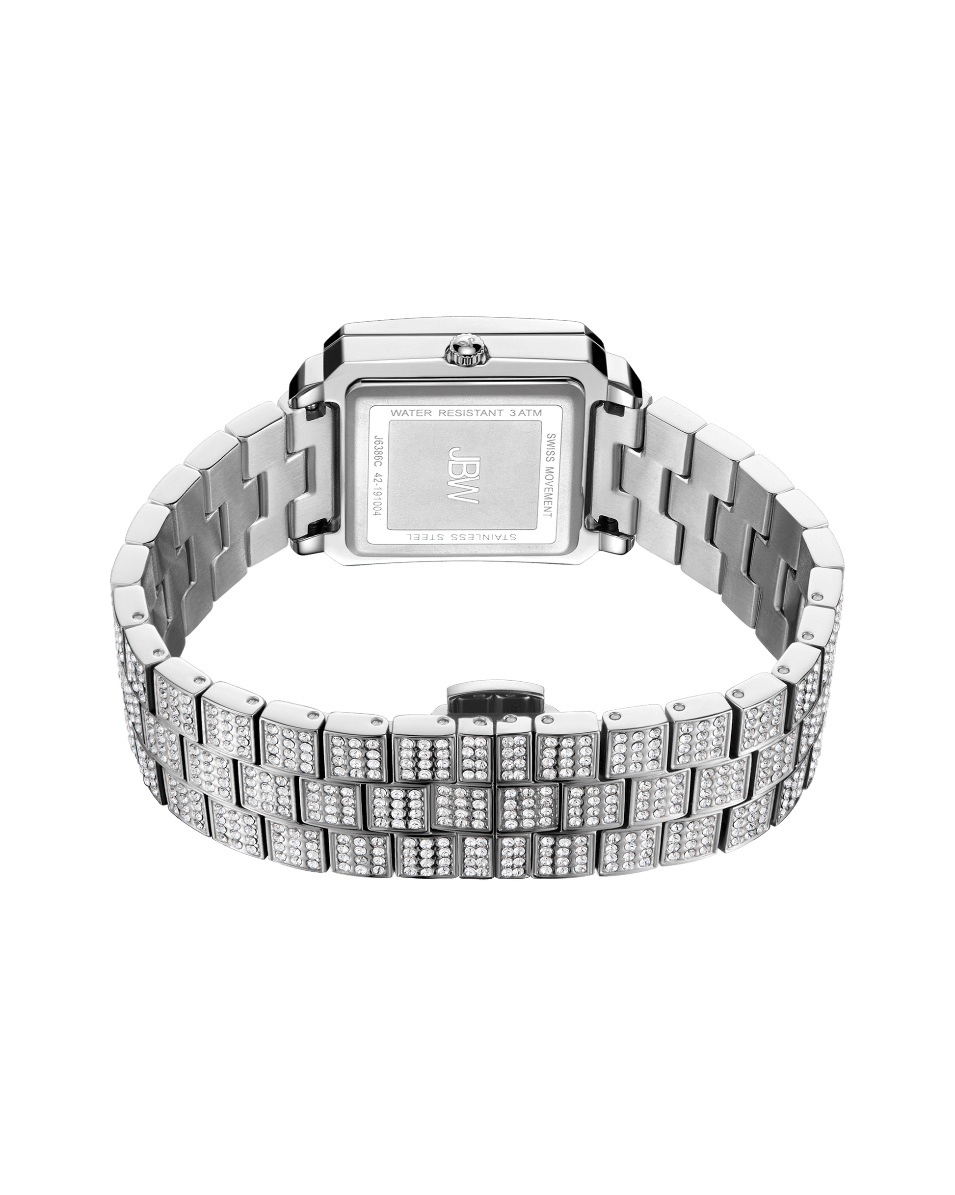 A silver stainless steel JBW Cristal 28 | J6386C wristwatch with a rectangular case, shown from the back. The metal band has rows of small square clear stones in each link. The case shows water resistance, brand details, and Swiss movement.