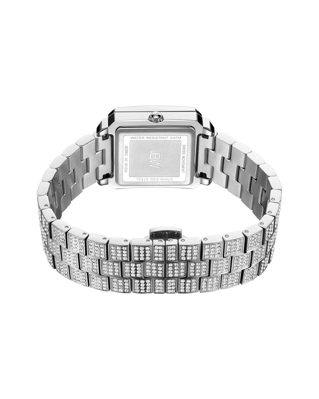 The JBW Cristal 28 | J6386C-GA (Grade A) wristwatch features a silver metal band with rows of sparkling stones in rectangular links, a square face, and engraved details on the casing, shown here from the back.