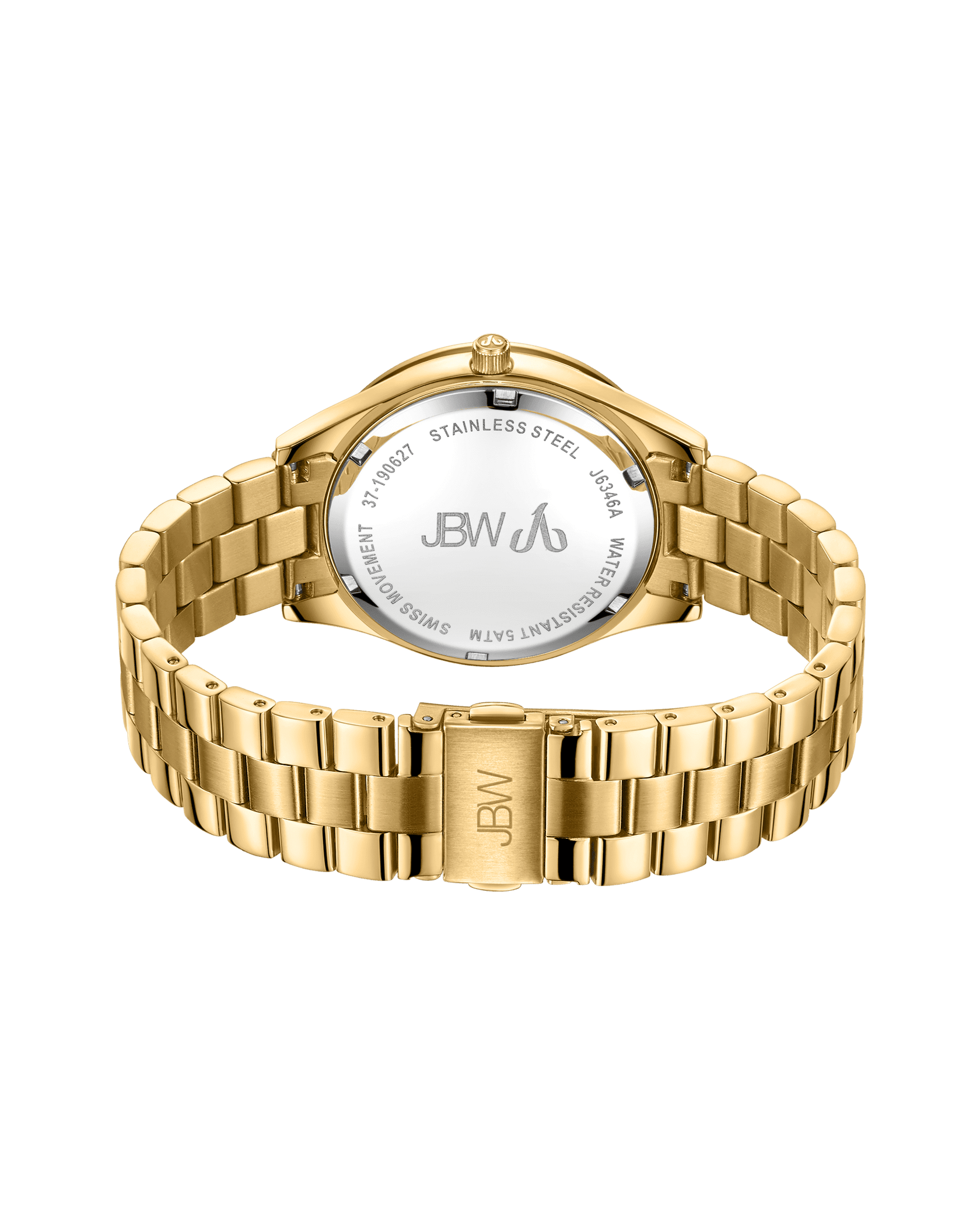 The Cristal 39 | J6346A by JBW, a gold-plated stainless steel wristwatch, is shown from the back, highlighting the engraved case back and clasp—both featuring JBW branding and specifications—plus a linked gold bracelet.