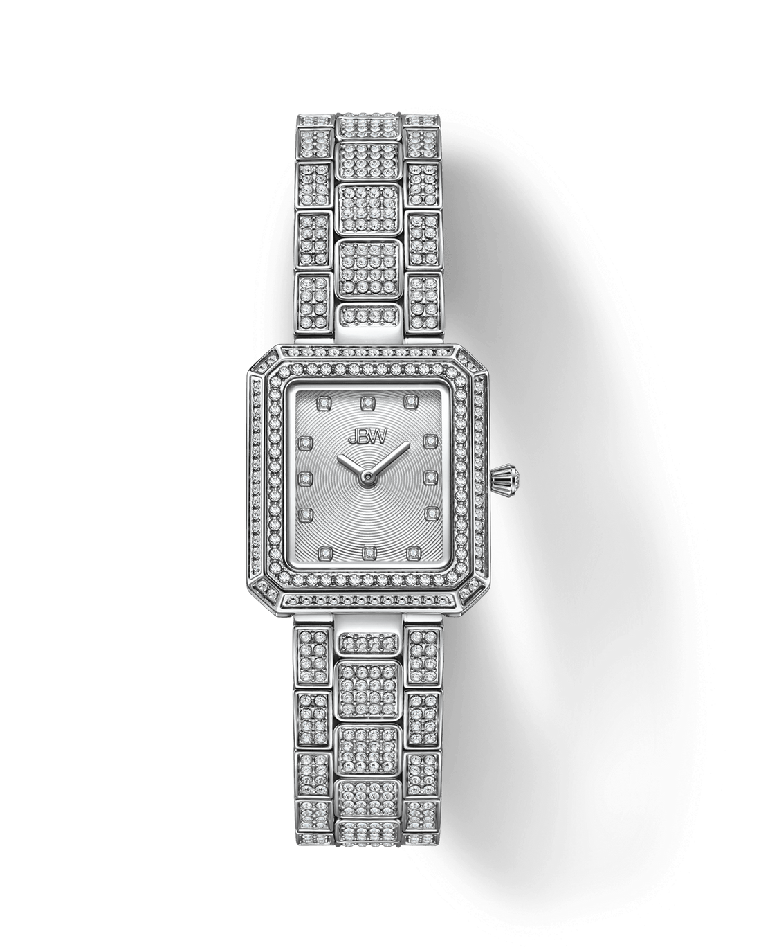 The JBW Watches Arc Single | J6390B-GA Sample Sale (Grade A) is a rectangular silver women’s luxury watch with a metal band, crystal-studded bezel and bracelet, minimalist face, diamond hour markers, and the JBW logo at 12 o’clock.