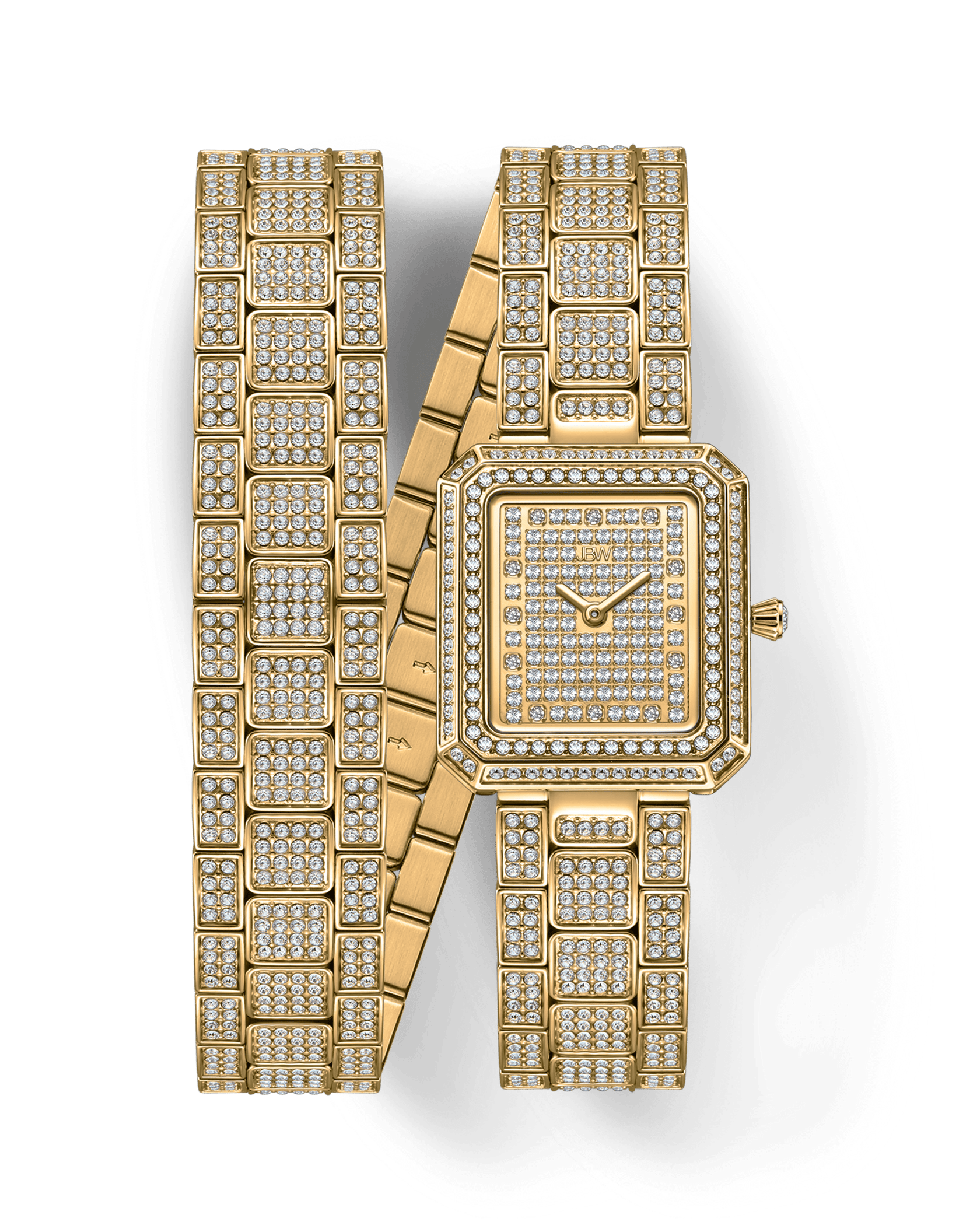 The Arc Double (Sample Sale) | J6390C-GA by JBW Watches is a luxurious gold wristwatch with a square face and double-wrap bracelet, both adorned with diamonds and a crystal-studded bezel, shown on a plain white background.
